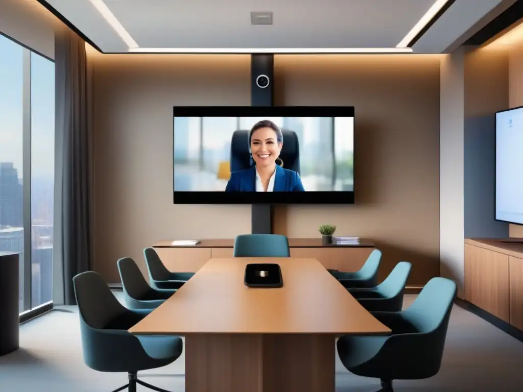 Setup de videoconferencia profesional con GoToMeeting Una elegante configuración de videoconferencia con un fondo profesional, iluminación cálida y una interfaz nítida