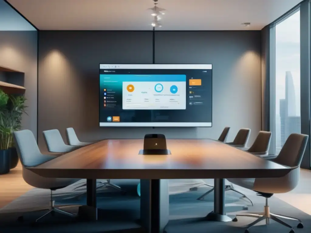 Comparativa de videoconferencia: GoToMeeting destaca en elegante entorno 8k Una elegante configuración de videoconferencia con gráfico comparativo entre GoToMeeting y otras herramientas