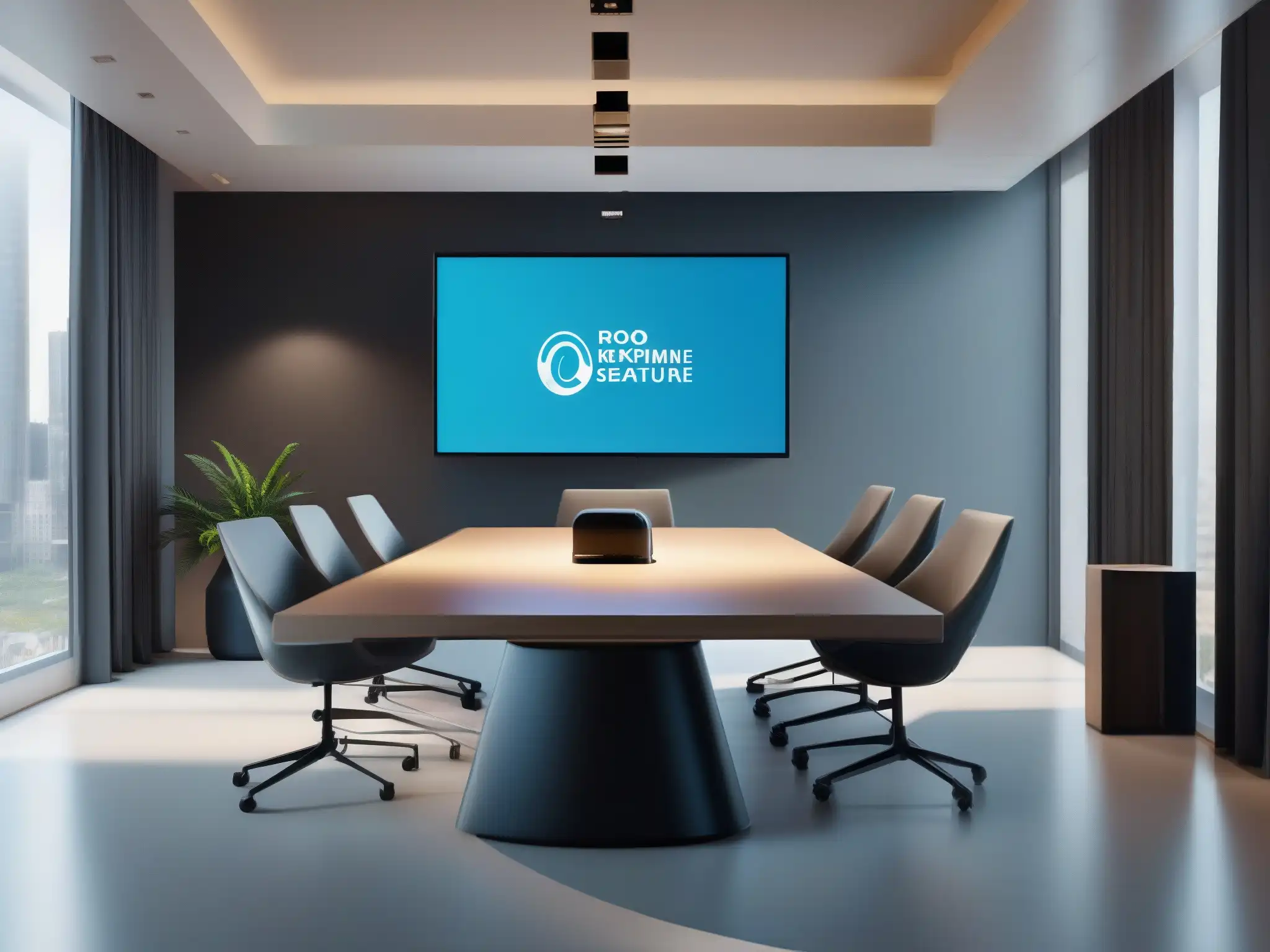 Videoconferencia moderna y profesional con personalización corporativa Una elegante configuración de videoconferencia con opciones de personalización para videoconferencias, ambiente profesional y moderno