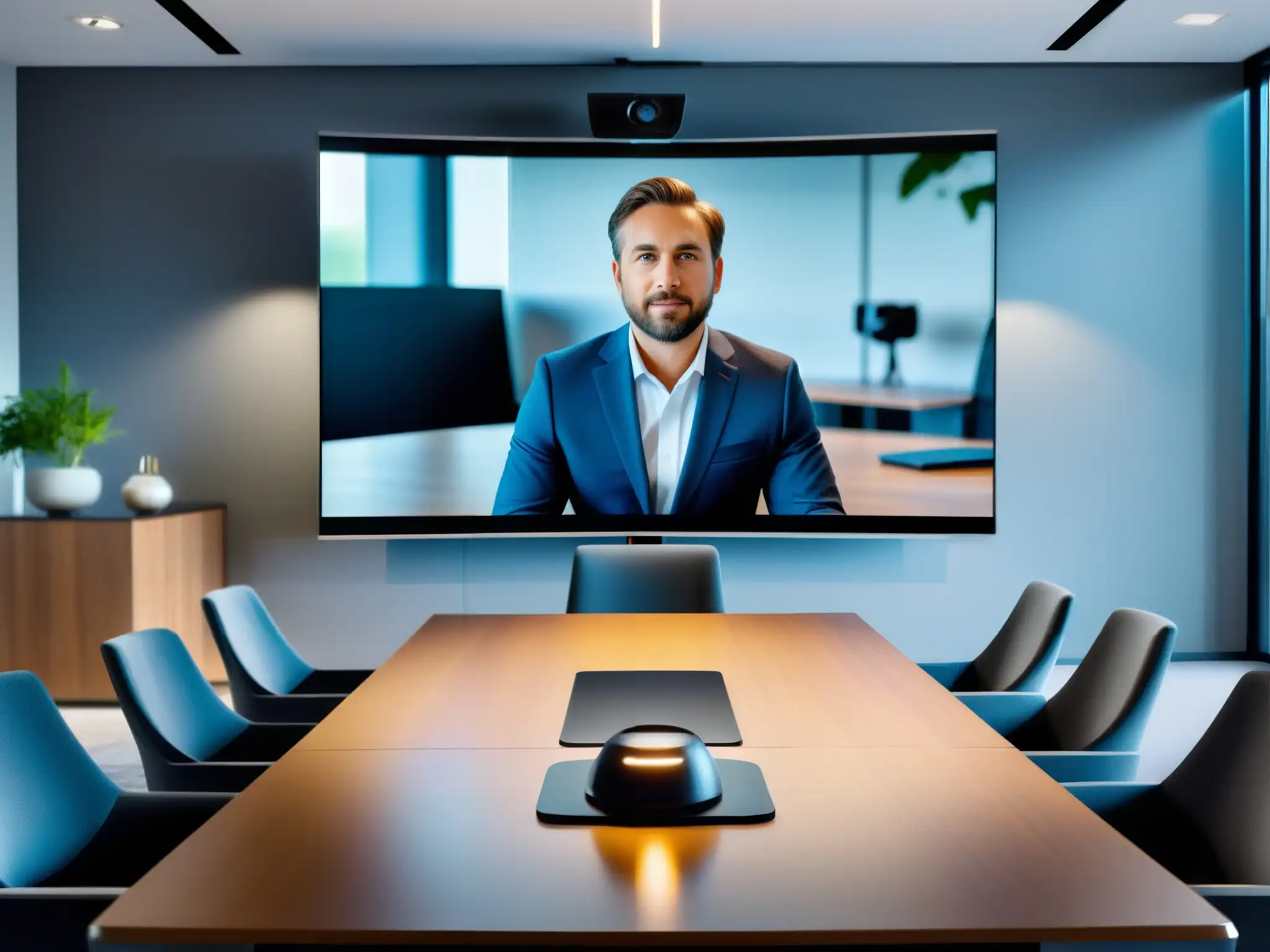 Configuración de videoconferencia moderna en oficina profesional Una elegante configuración de videoconferencia profesional en una oficina moderna