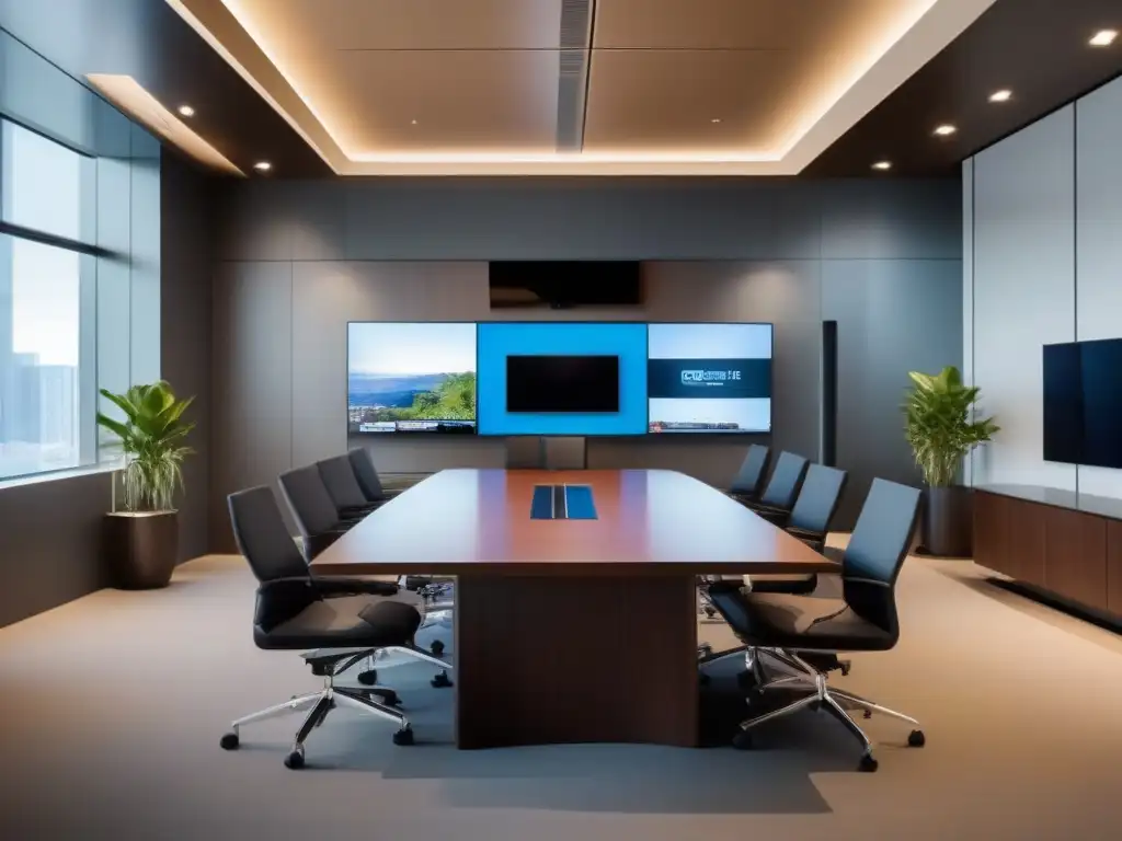 Sala de videoconferencias de alta gama para reuniones profesionales Una elegante configuración de videoconferencia con tecnología de vanguardia para eventos grandes