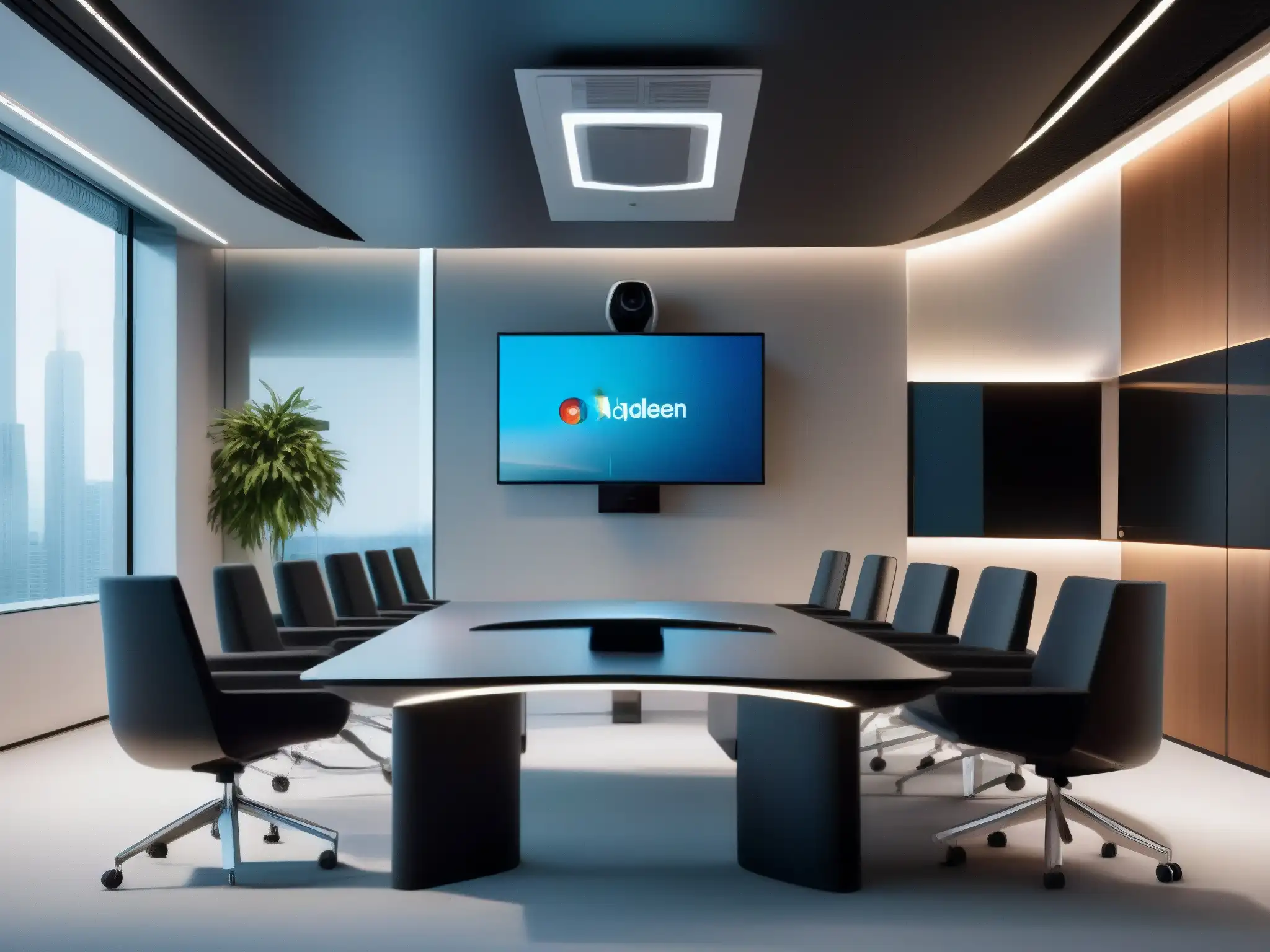 Configuración profesional de videoconferencia Una elegante configuración de videoconferencia que destaca la tecnología avanzada y la profesionalidad en un ambiente contemporáneo bien iluminado