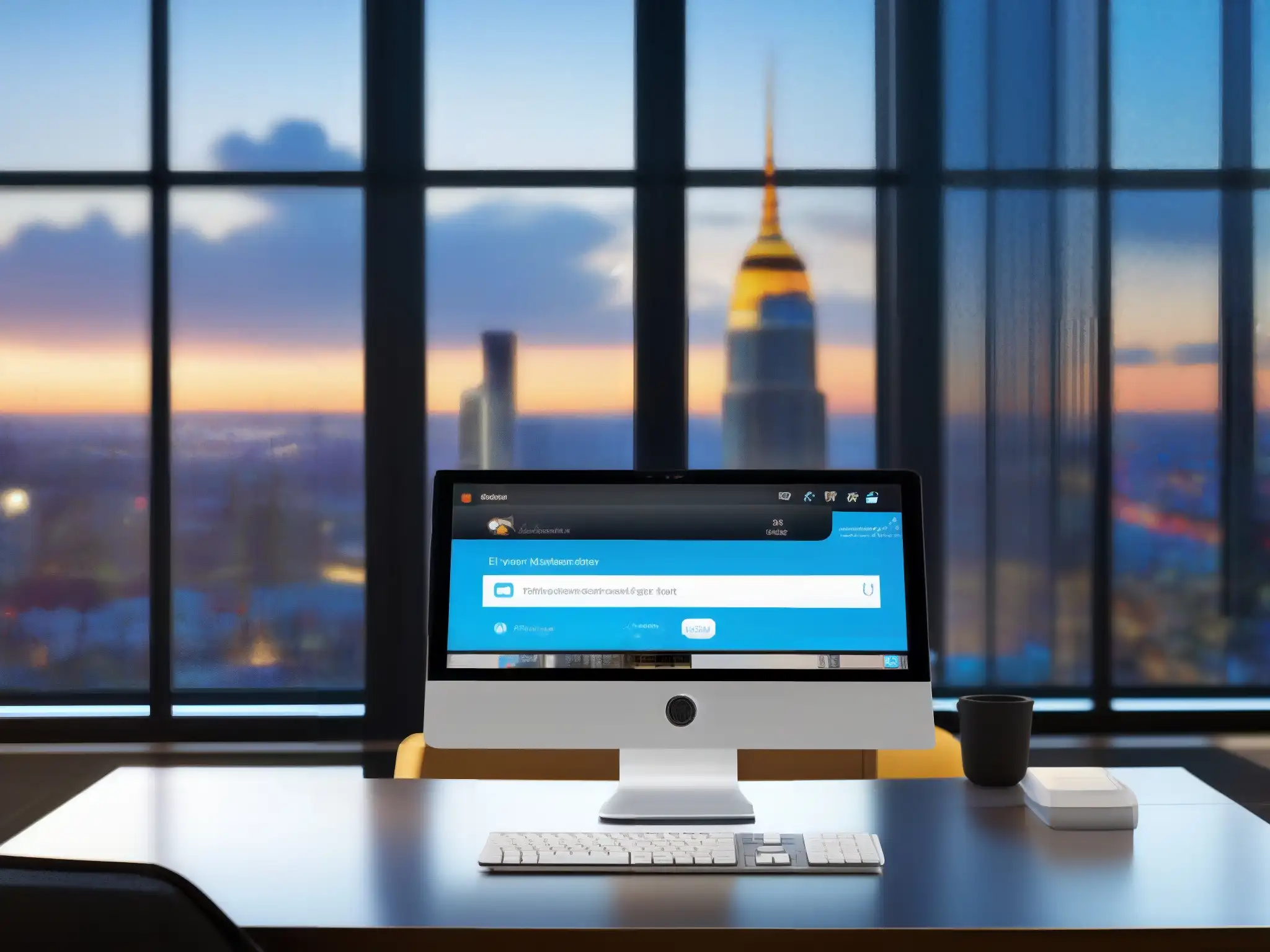 Escritorio de oficina moderno con integración de Skype for Business y CRM Un elegante escritorio de oficina con integración de Skype for Business y CRM, mostrando una interfaz profesional y eficiente