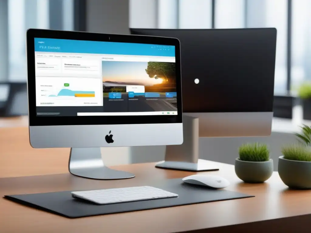 Escritorio de oficina moderno con integración de CRM y videoconferencia Un elegante escritorio de oficina con una plataforma de videoconferencia integrada con CRM como Salesforce, HubSpot y Zendesk