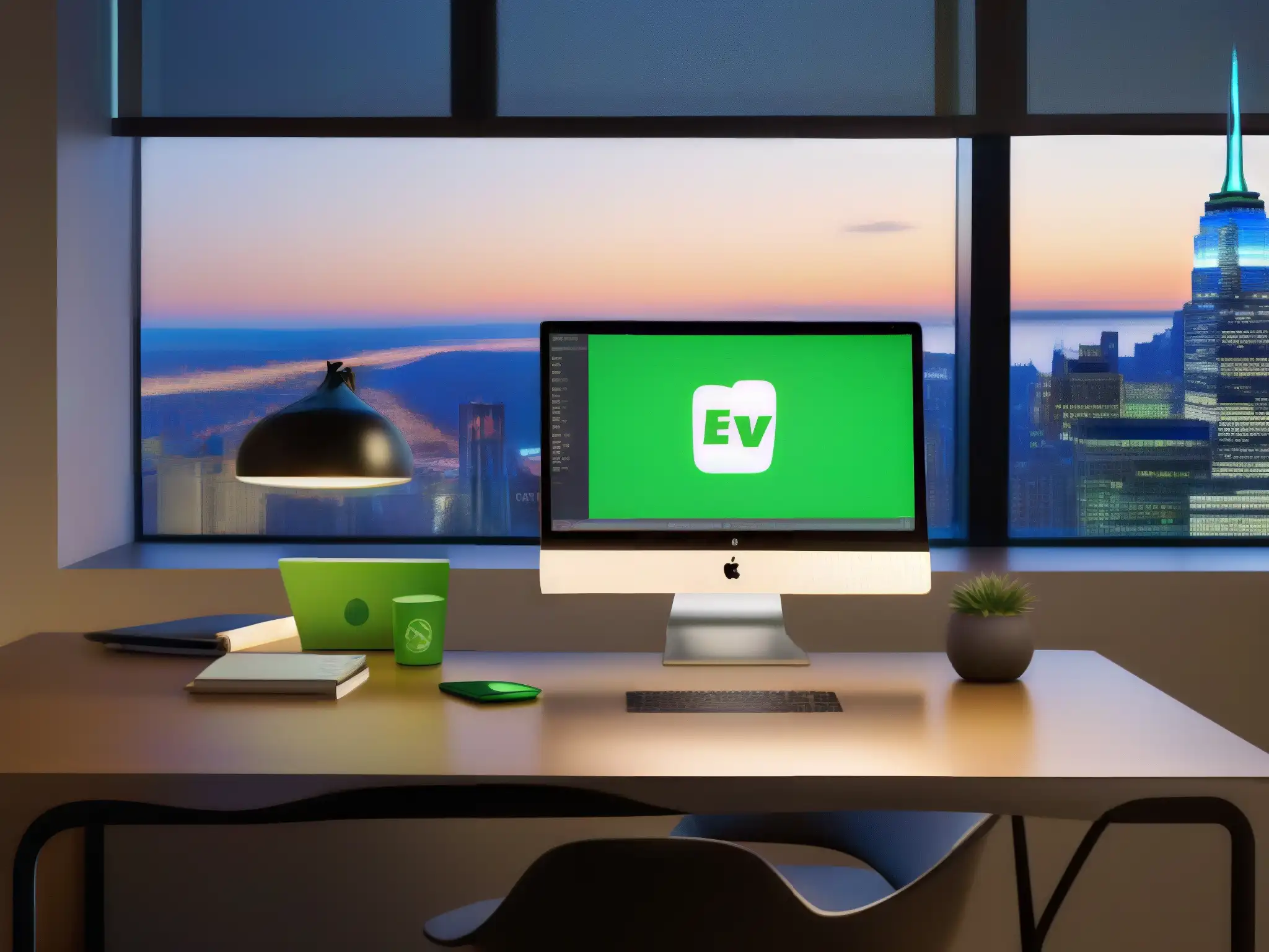 Escritorio moderno con Evernote y Skype en acción Un elegante escritorio de oficina con laptop, Evernote y Skype en pantalla