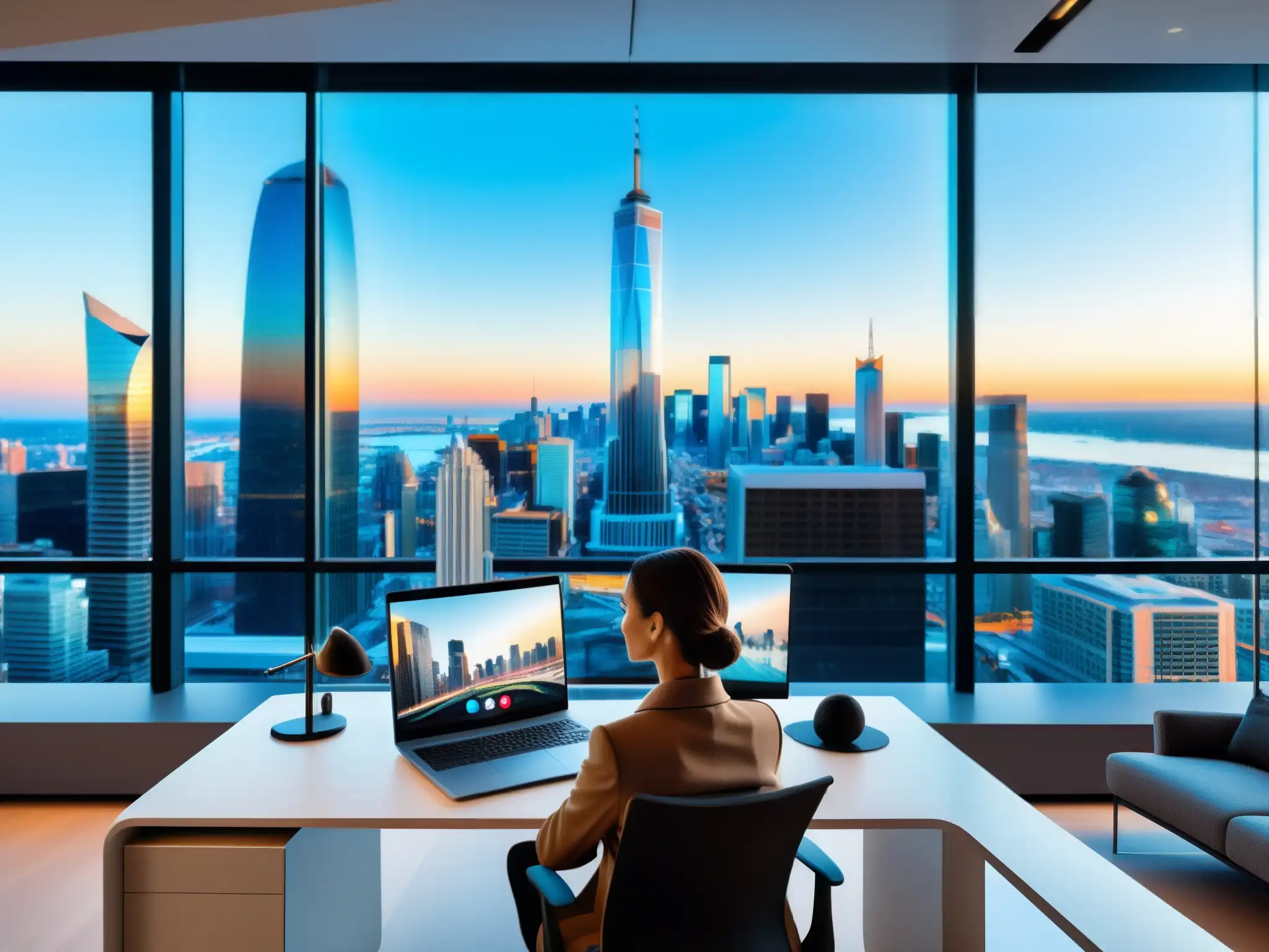 Oficina moderna con videoconferencia futurista Un elegante escritorio de oficina con videoconferencia y fondo virtual de ciudad futurista