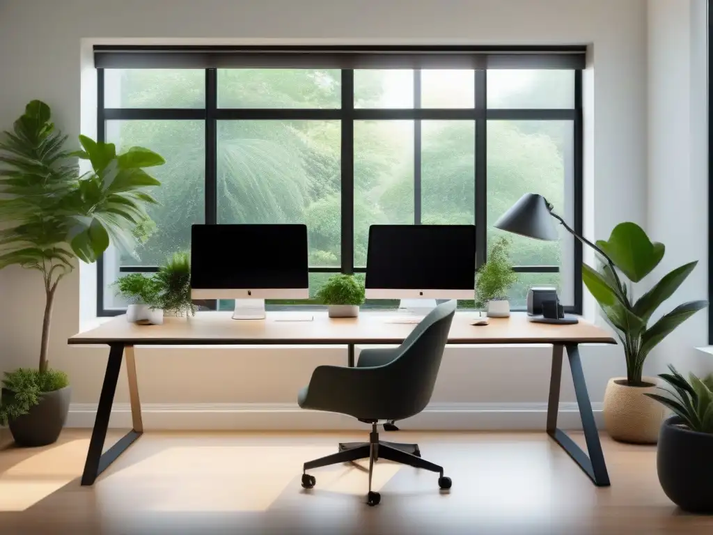 Oficina en casa minimalista con vistas tranquilas Un elegante espacio de oficina en casa con un escritorio minimalista, una silla ergonómica de alta gama y una decoración de buen gusto
