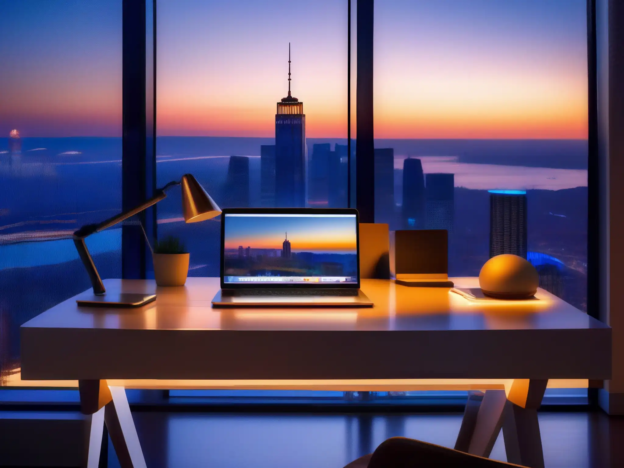Oficina moderna con vista panorámica y tecnología avanzada Un elegante espacio de trabajo con vista a la ciudad al atardecer, transmite sofisticación y productividad