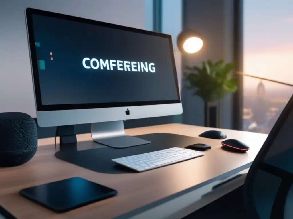 Configuración ultradetallada de videoconferencia en 8k Un elegante espacio de videoconferencias con análisis predictivo, moderno y sofisticado, ideal para reuniones remotas eficientes