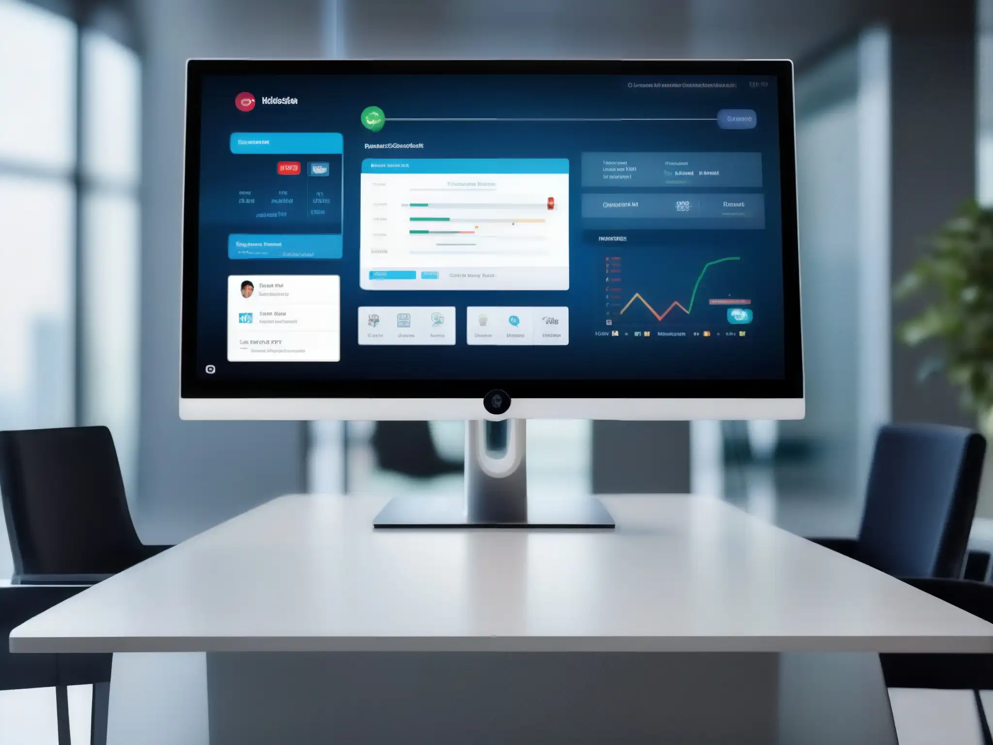 Videoconferencia futurista integrando CRM en alta resolución Un elegante y futurista sistema de videoconferencia muestra la integración del CRM, potenciando la eficiencia y el compromiso del cliente