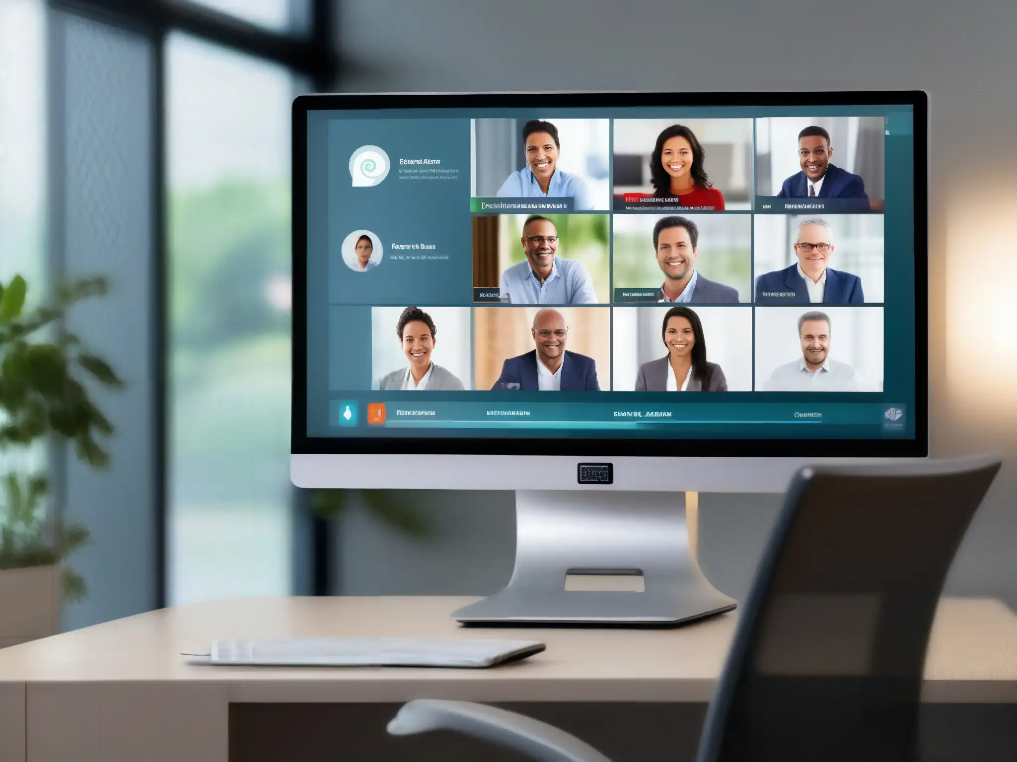 Interfaz de videoconferencia moderna y profesional en alta resolución Un elegante interfaz de videoconferencia en alta definición, ideal para entornos profesionales