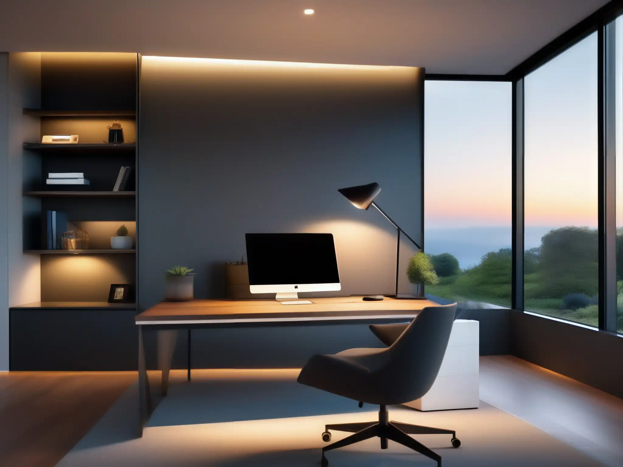 Oficina en casa minimalista con paisaje virtual Un elegante y minimalista despacho en casa con un escritorio amplio, computadora de alta gama, silla ergonómica y decoración elegante