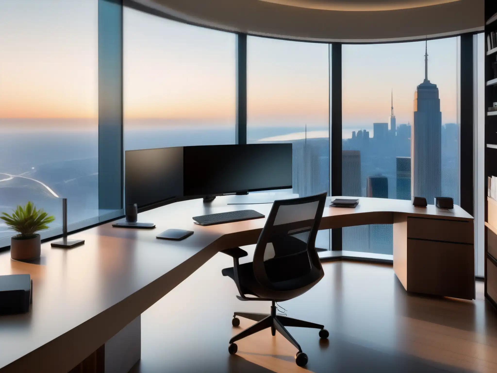 Oficina en casa moderna con vista panorámica urbana Un elegante y moderno espacio de oficina en casa con vista a la ciudad, estrategias efectivas de gestión del tiempo y videoconferencias