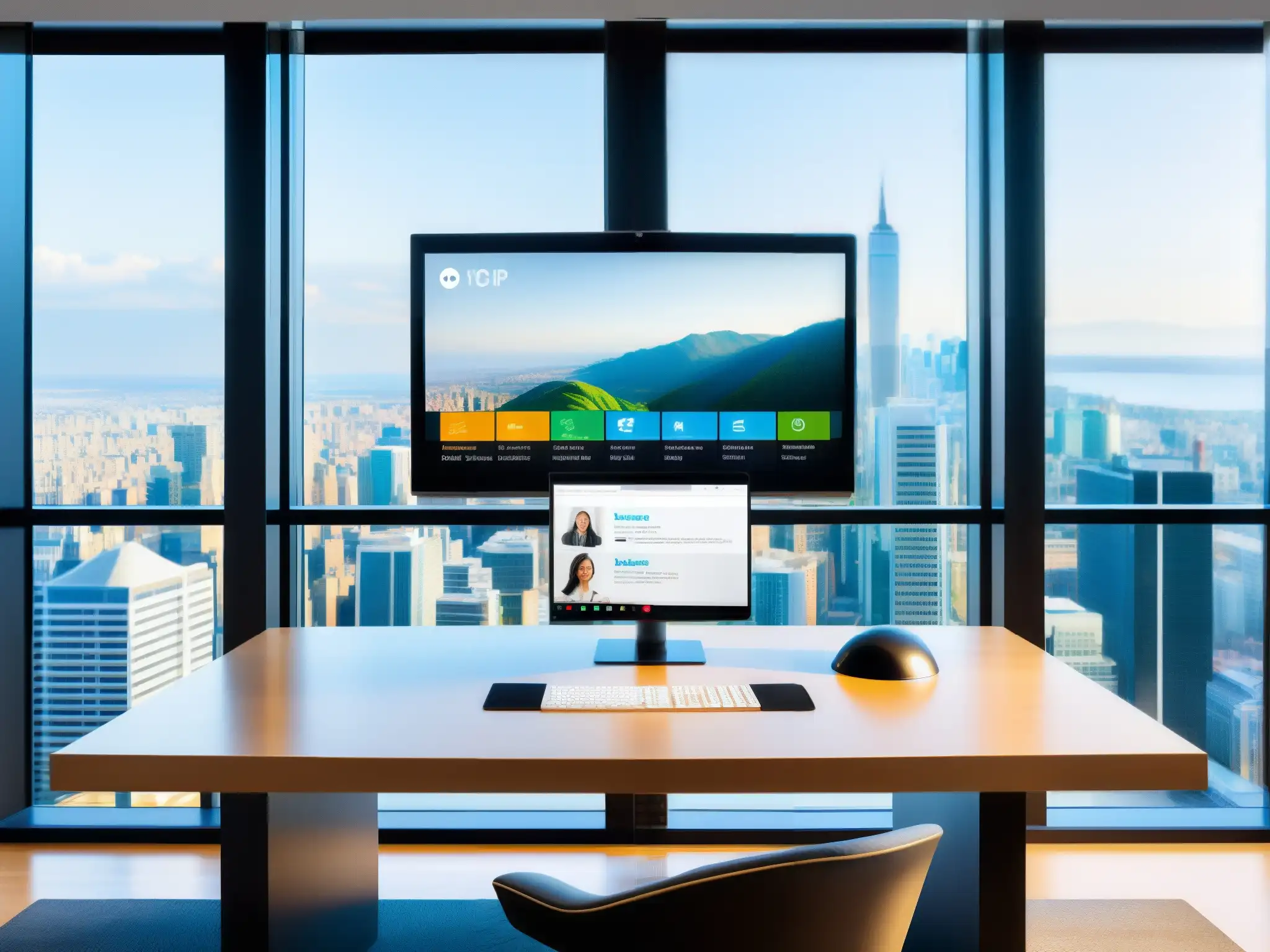 Oficina moderna con videoconferencia integrada Una elegante oficina con integración Pexip CRM para atención al cliente en la ciudad