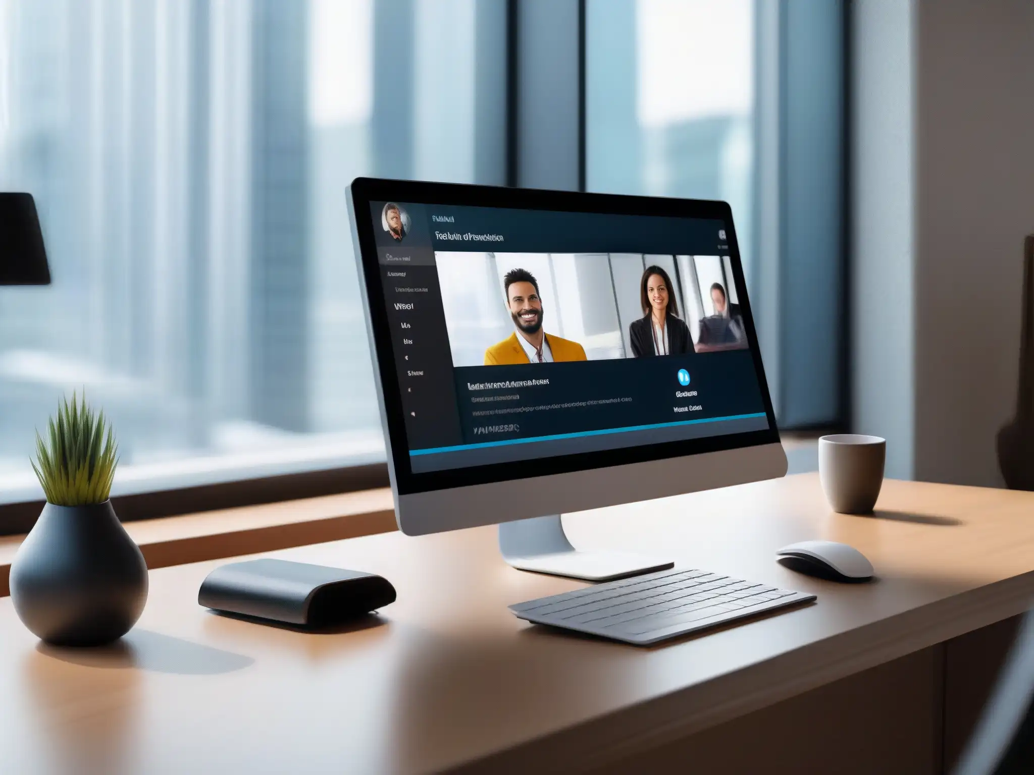 Escritorio de oficina moderno con integración de CRM en videoconferencia Una elegante oficina con una moderna plataforma de videoconferencia con integración CRM