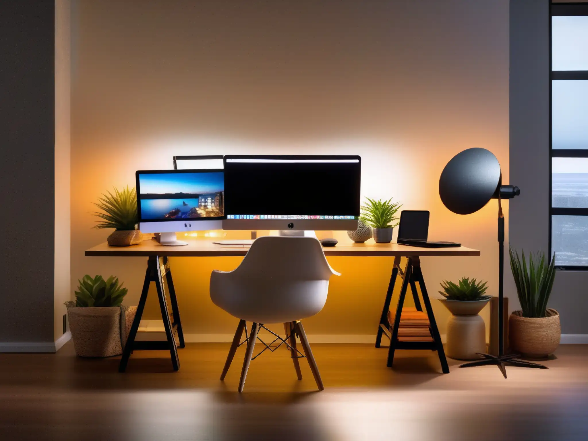 Setup profesional de escritorio con iluminación LED ajustable y accesorios Un elegante y profesional set de escritorio con modernos equipos de iluminación para mejorar la calidad de videoconferencia