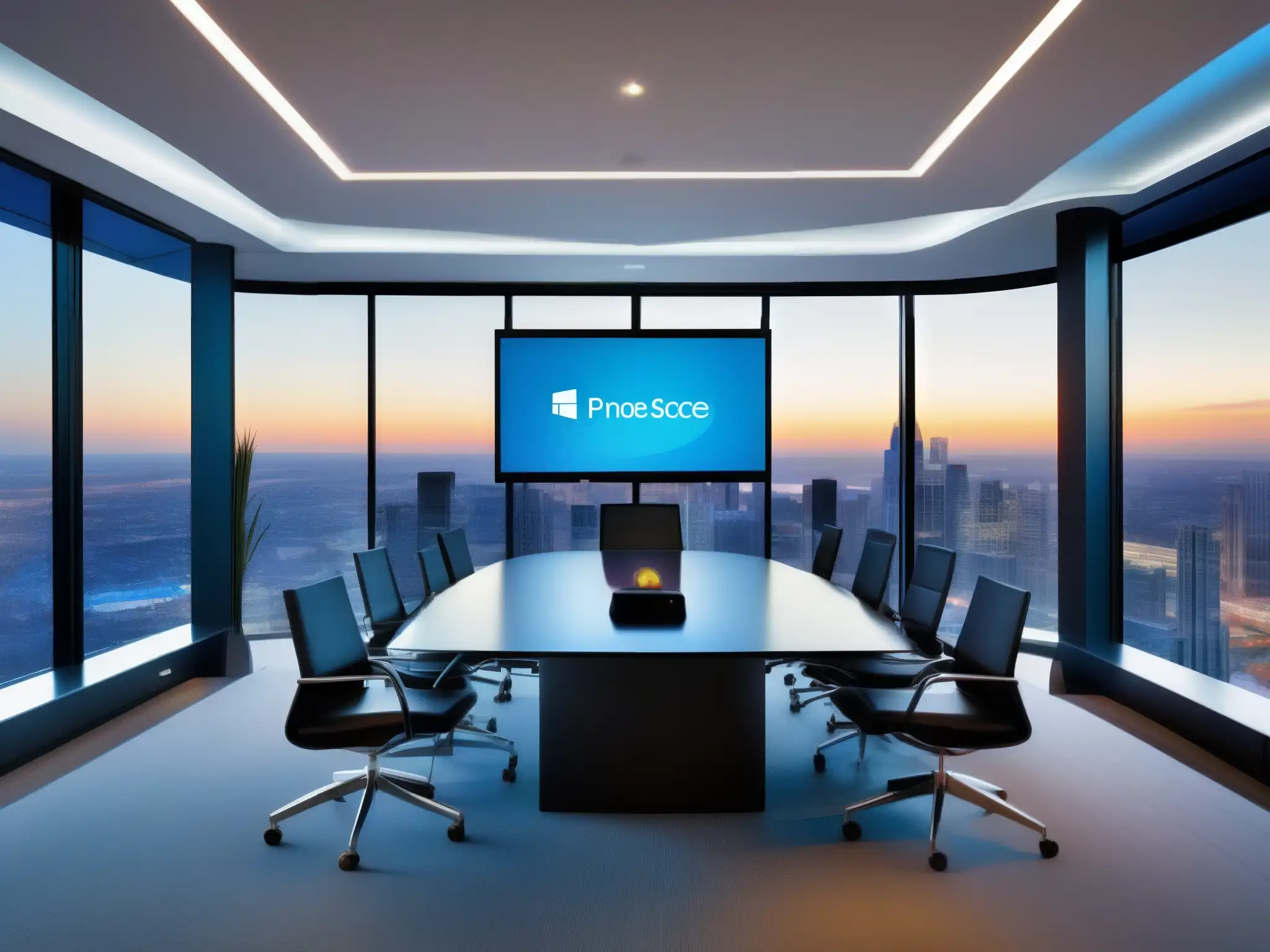 Oficina futurista con tecnología de videoconferencia de vanguardia Una elegante sala de videoconferencias con las mejores herramientas para profesionales, ambiente moderno y vistas panorámicas de la ciudad
