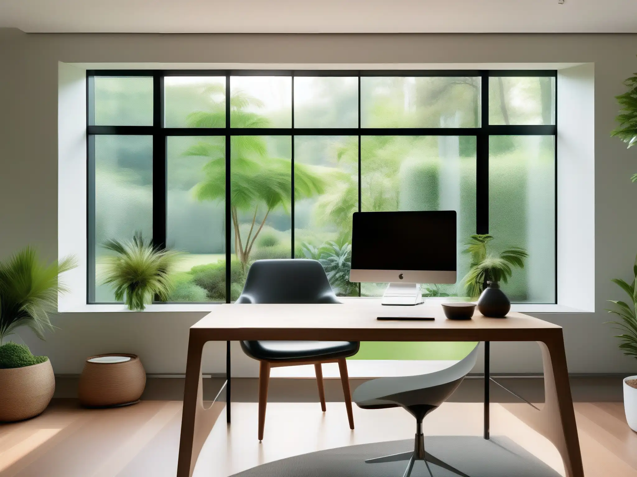 Oficina en casa minimalista con vistas a jardín Un elegante y sereno espacio de trabajo en casa con vista a un jardín, ideal para videoconferencias para trabajar desde casa