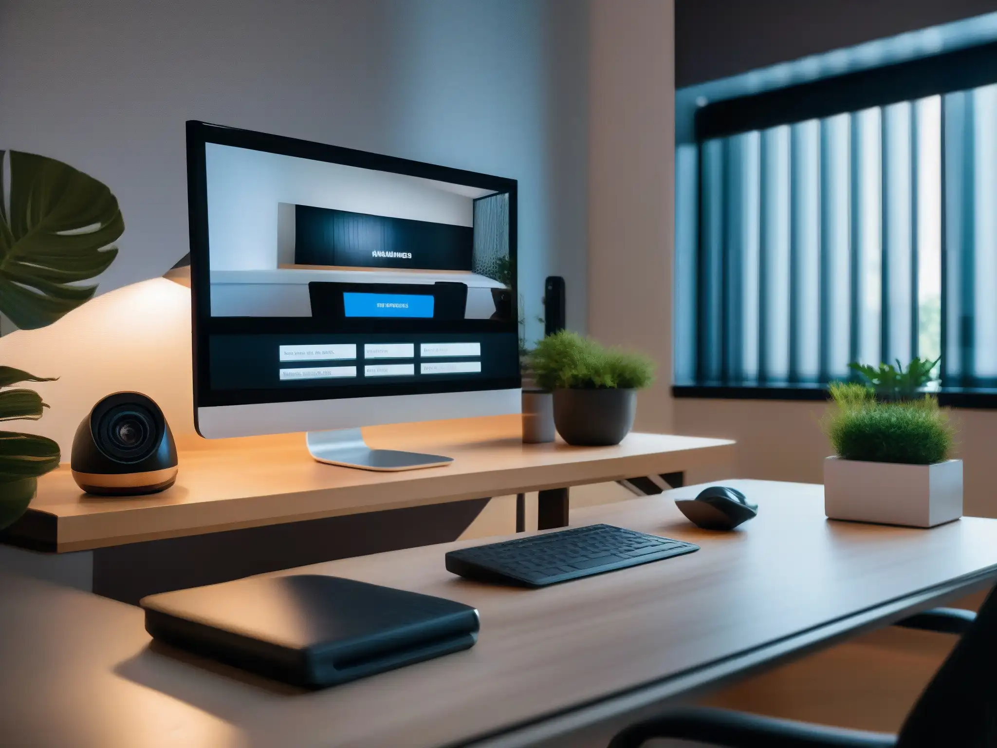Configuración profesional de videoconferencias: moderna y elegante Un elegante set de videoconferencia profesional con analítica para videoconferencias profesionales, en un ambiente moderno y acogedor