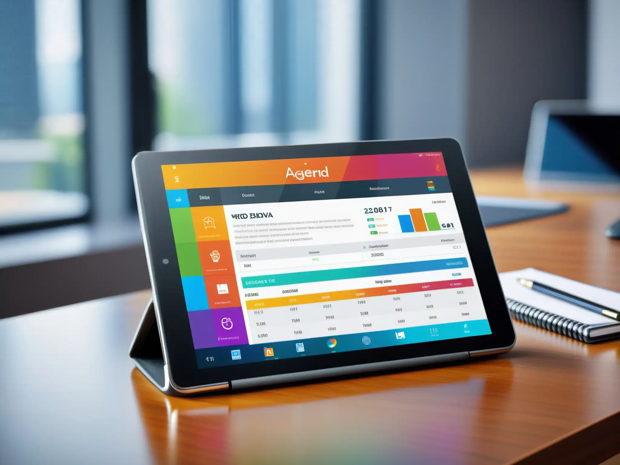 Tableta digital organizada para videoconferencias Una elegante tableta digital muestra una agenda bien organizada en un entorno profesional para videoconferencias