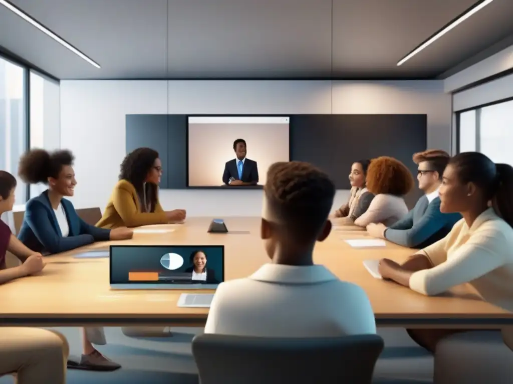 Clase virtual dinámica con estudiantes diversos Una emocionante videoconferencia en educación a distancia llena de diversidad y entusiasmo estudiantil
