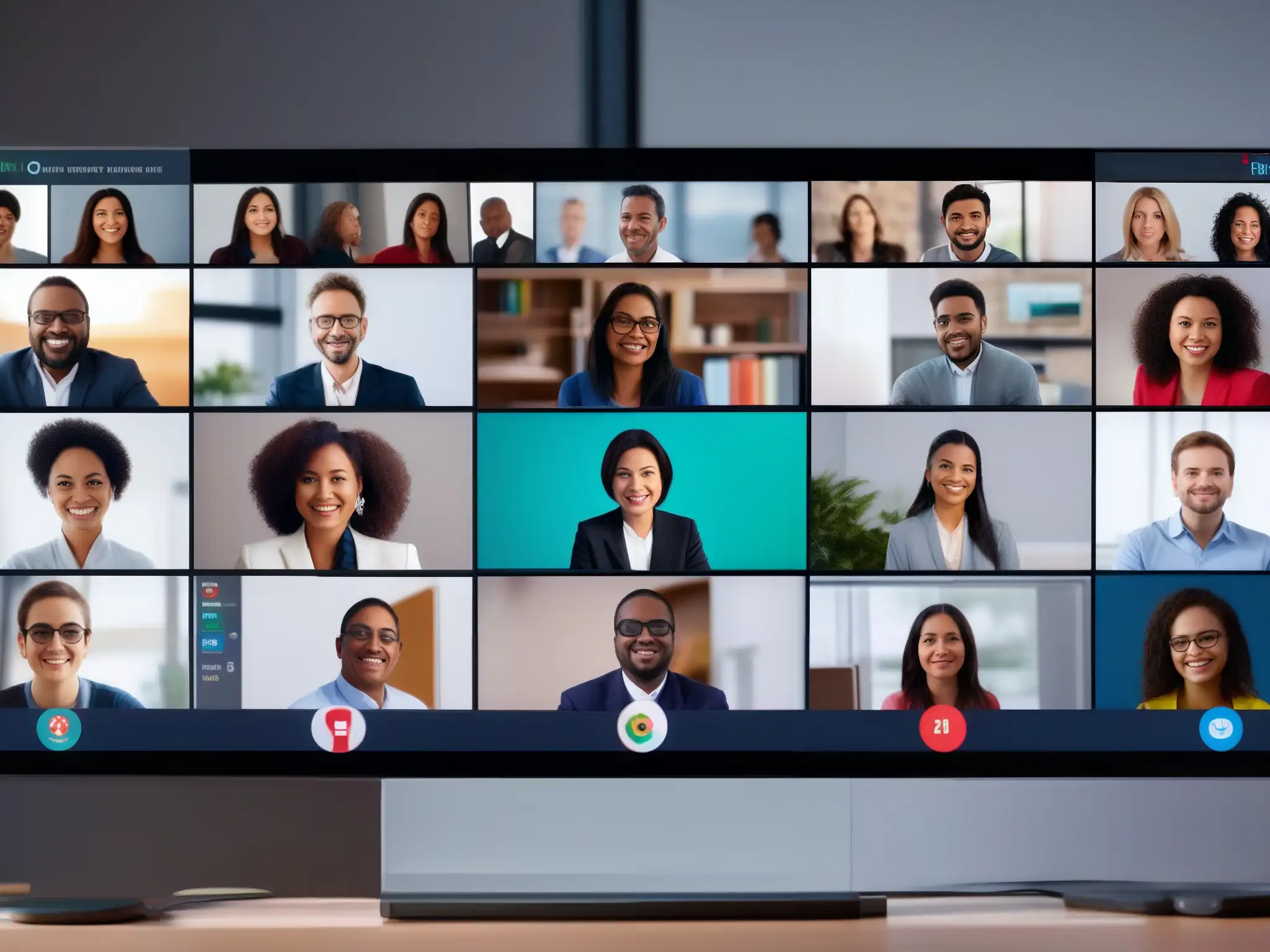 Conferencia virtual inclusiva: diversidad y multilingüismo en acción Un emocionante videoconferencia con participantes diversos, mostrando usabilidad multilingüe en videoconferencias