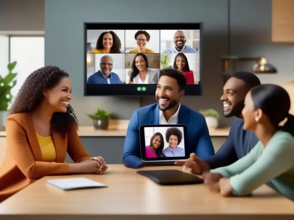 Reunión familiar virtual: unión a distancia en alta definición Una emotiva reunión familiar virtual, resaltando la importancia de la conectividad en videoconferencias para mantener lazos cercanos