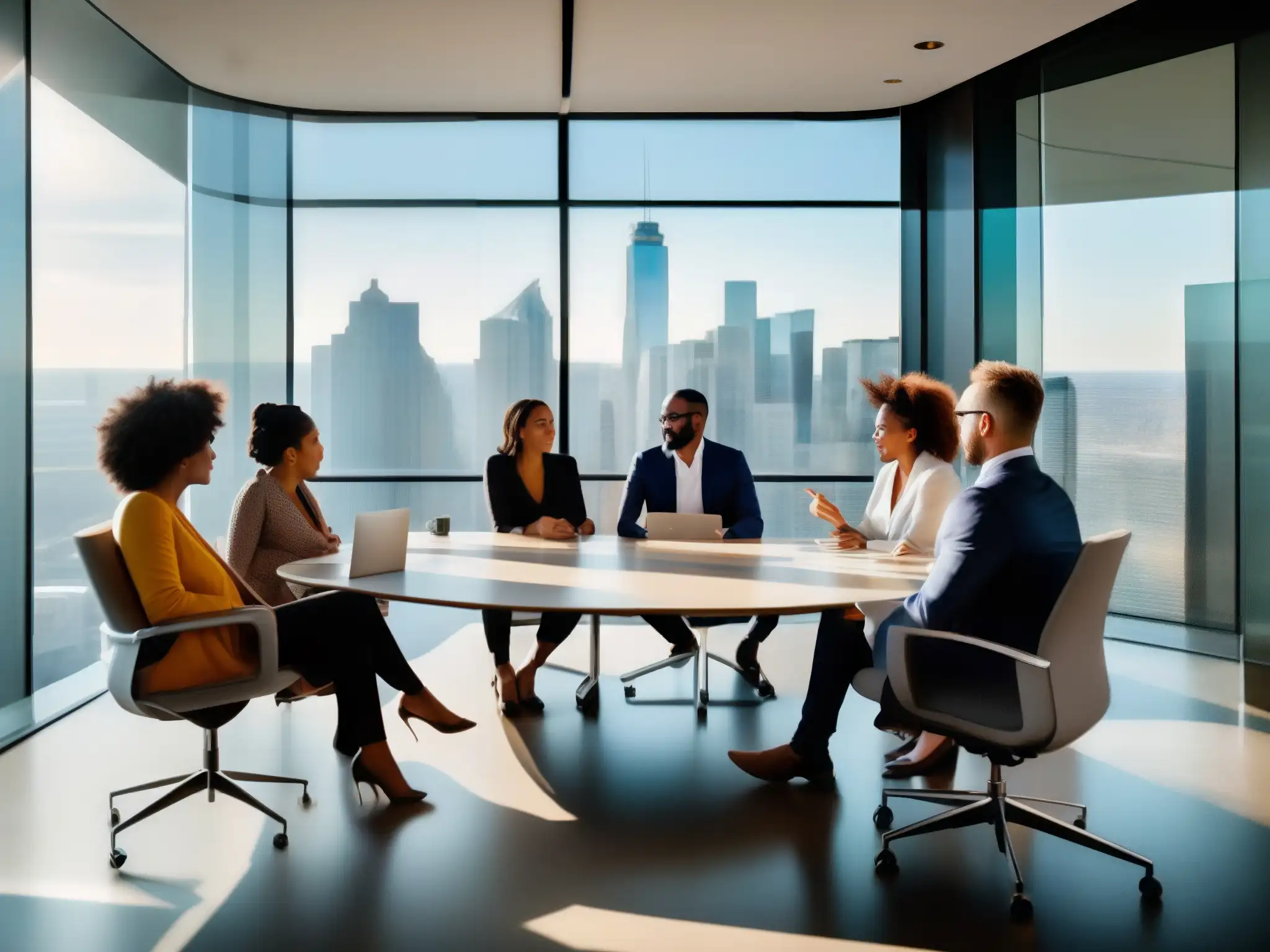 Emprendedores dinámicos en conferencia: ¡innovación y éxito! Emprendedores colaborando en una moderna sala de reuniones con vista a la ciudad
