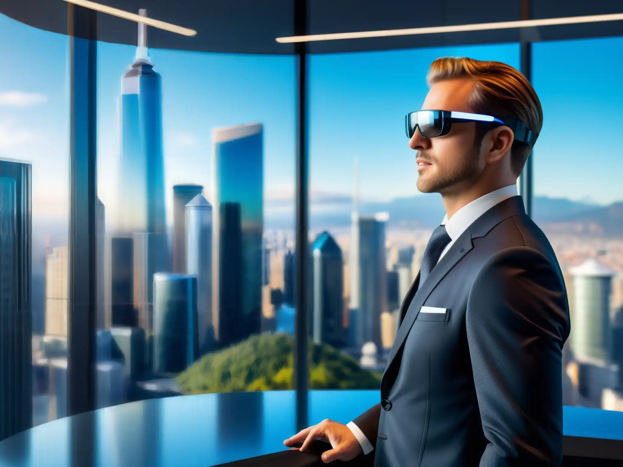 Visión futurista de seguridad empresarial con realidad aumentada Un empresario en traje usa gafas de realidad aumentada para ver una red de seguridad en 3D en una oficina moderna