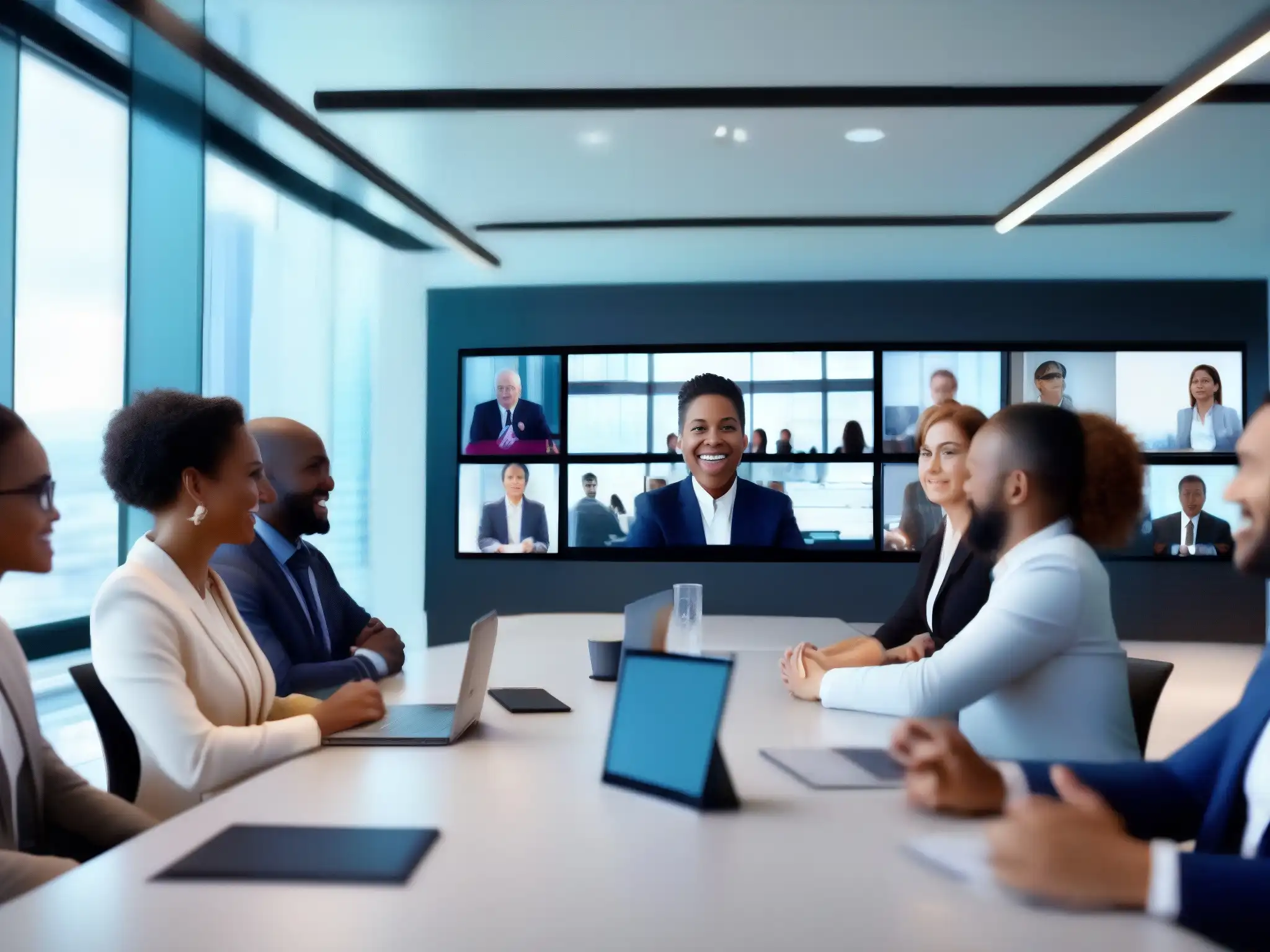 Reunión de negocios virtual 8k: colaboración profesional y diversidad Un encuentro profesional en Zoom con participantes diversos, colaboración y tecnología avanzada