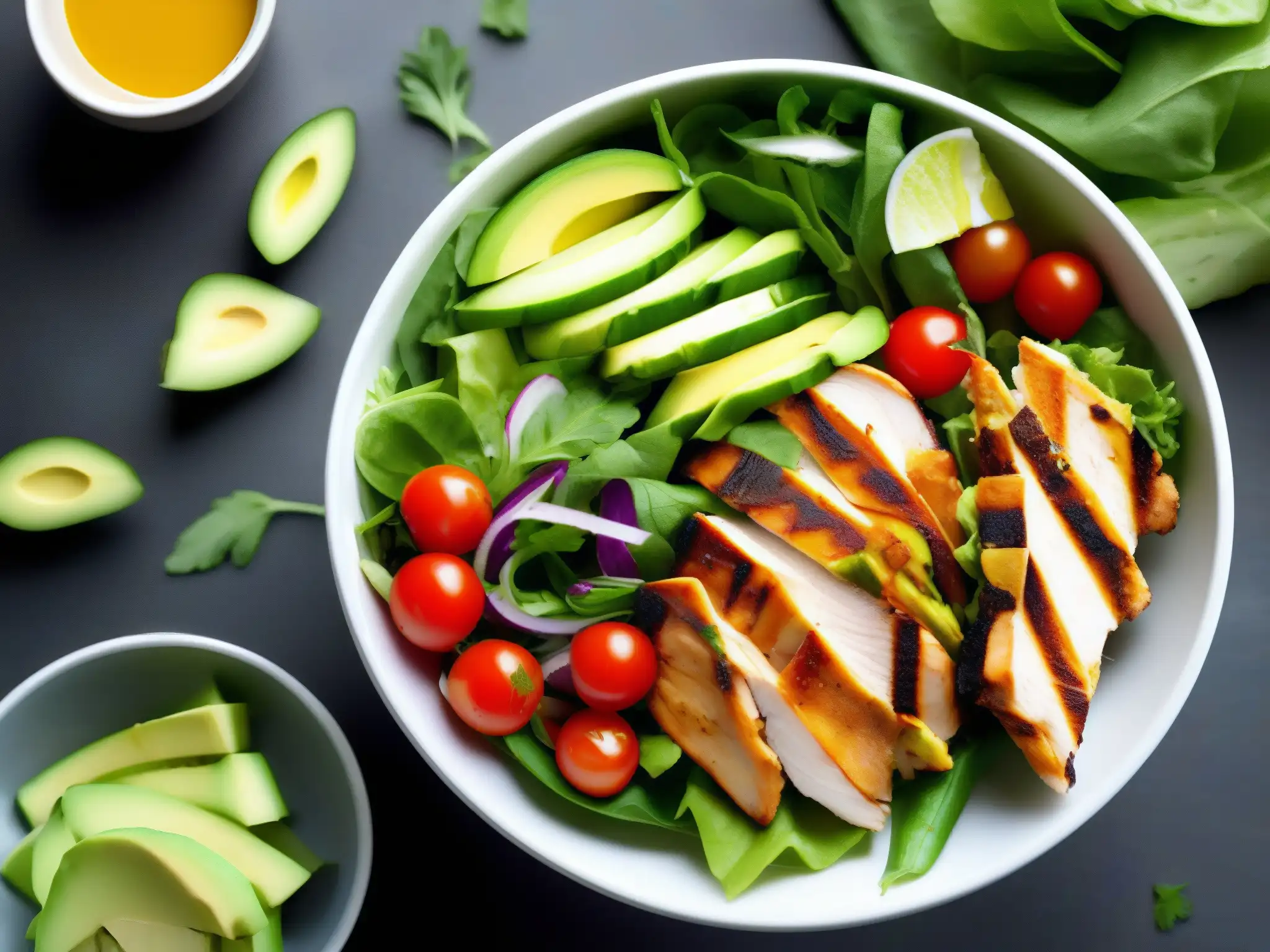 Ensalada Colorida y Vibrante: Ingredientes Frescos y Apetitosos Una ensalada colorida y vibrante, llena de ingredientes frescos y nutritivos, perfecta para la alimentación saludable en videoconferencias