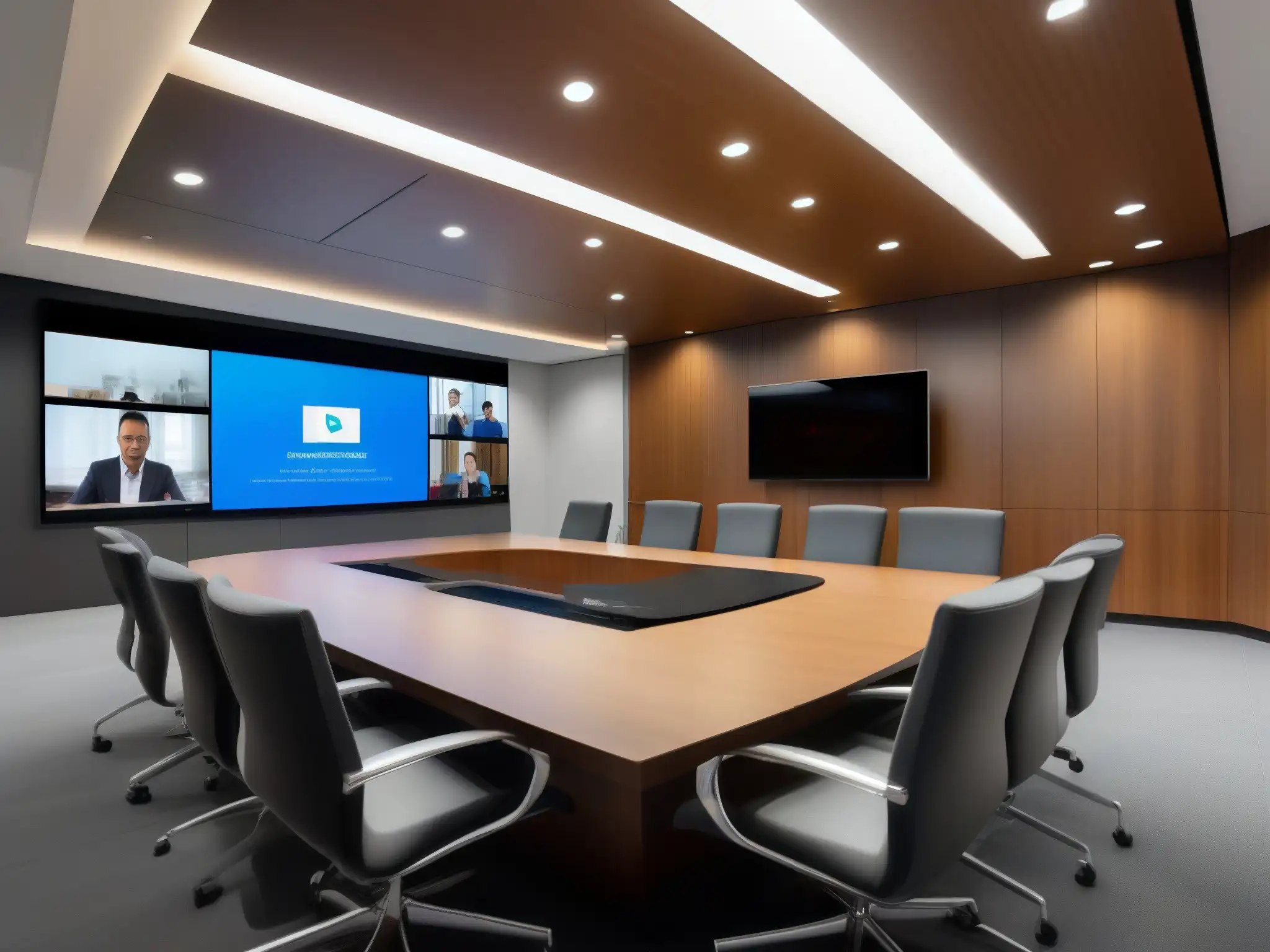 Sala de videoconferencias de vanguardia en entorno corporativo Un entorno corporativo moderno con un elegante sistema de videoconferencia