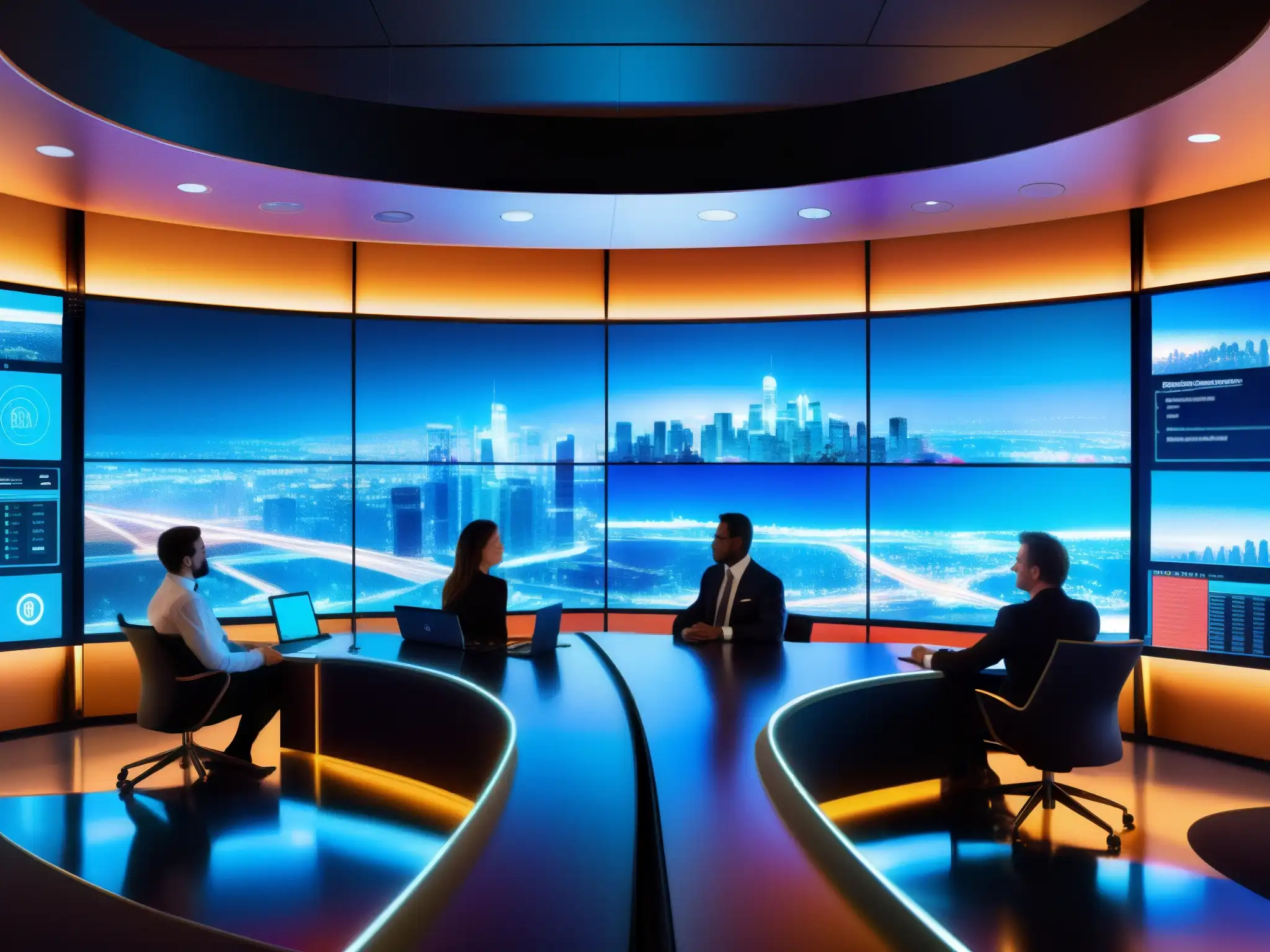 Sala de Control Hightech con Vista Panorámica de la Ciudad Un entorno futurista de videoconferencias con herramientas de medición de impacto, profesionales tomando decisiones basadas en datos