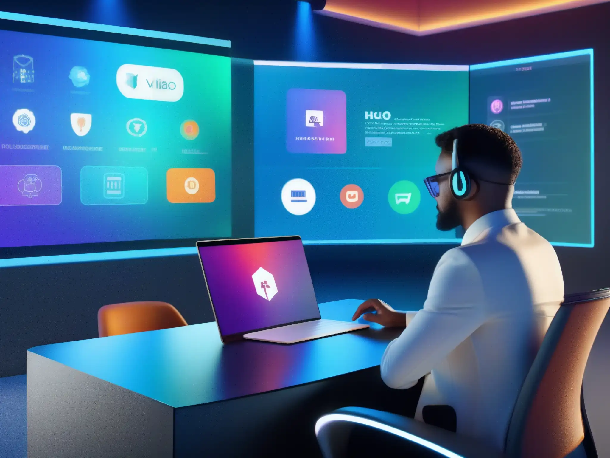 Interfaz holográfica futurista para videoconferencias Un entorno holográfico futurista muestra iconos intuitivos en videoconferencia, con diseño minimalista y colores vibrantes