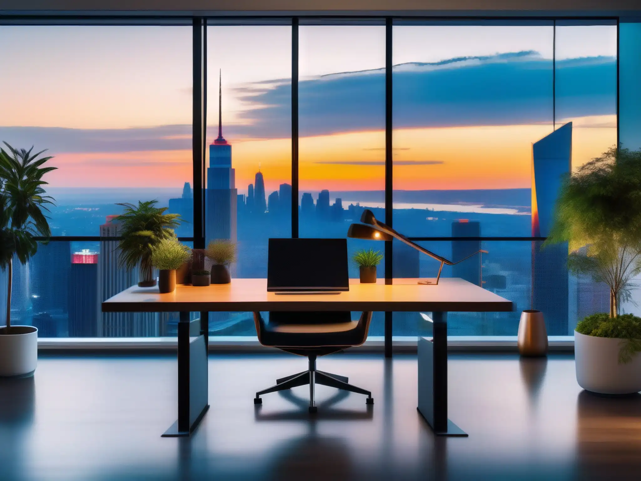 Oficina moderna en casa: productividad con estilo urbano Un entorno de oficina moderno con una elegante y minimalista mesa de trabajo, ideal para videoconferencias para trabajar desde casa