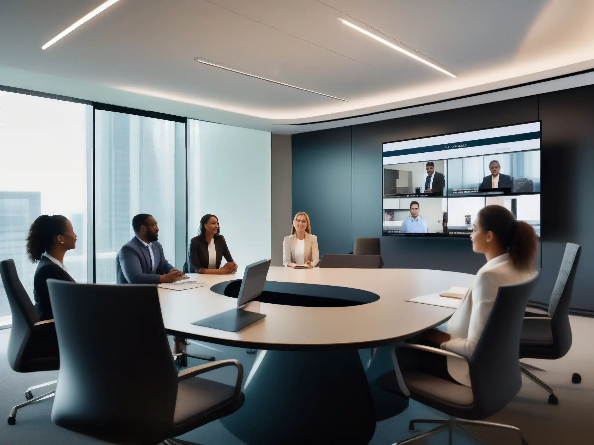 Videoconferencia profesional en oficina moderna Un entorno de oficina moderno y elegante con profesionales en una videoconferencia, mejorando comunicación interna con videoconferencias