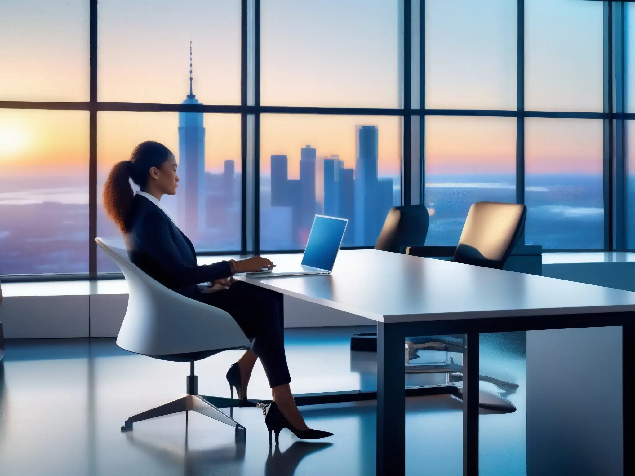 Oficina moderna con vista a la ciudad: eficiencia y éxito profesional Entorno de oficina moderno y luminoso con vista a la ciudad