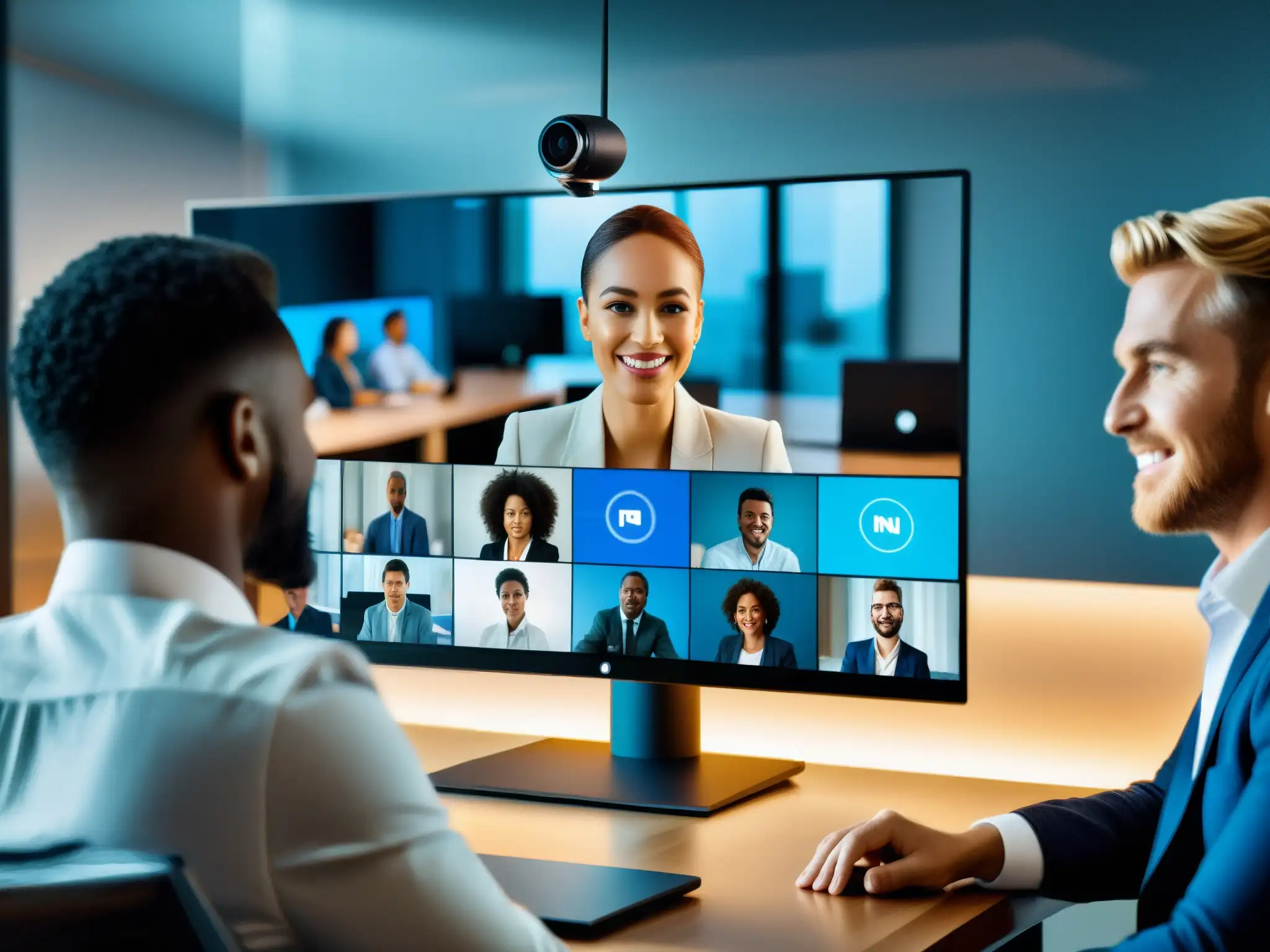 Reunión virtual segura de profesionales con VPN de alta calidad Un entorno de oficina moderno con profesionales diversos participando en una videoconferencia segura a través de VPN