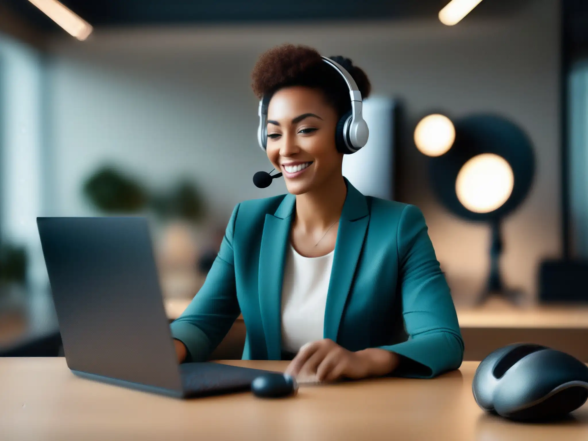 Optimización de audio en videoconferencias: profesional en reunión virtual Entorno profesional con equipo de audio nítido y persona participando en videoconferencia