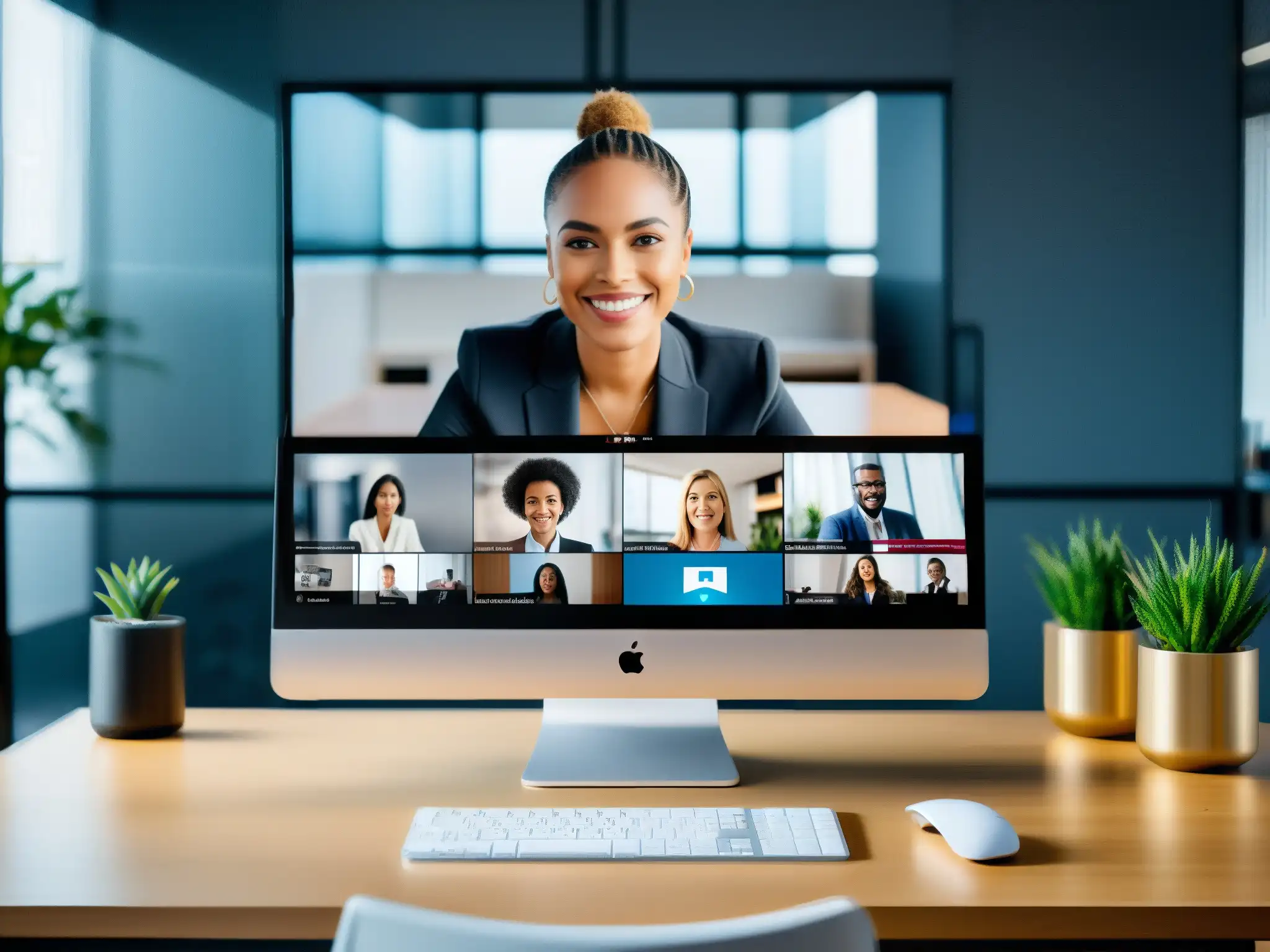 Entorno virtual profesional y seguro para videoconferencias Un entorno profesional y seguro de videoconferencia en VideoMeetingsHub, con una interfaz moderna en pantalla y un espacio minimalista y sofisticado