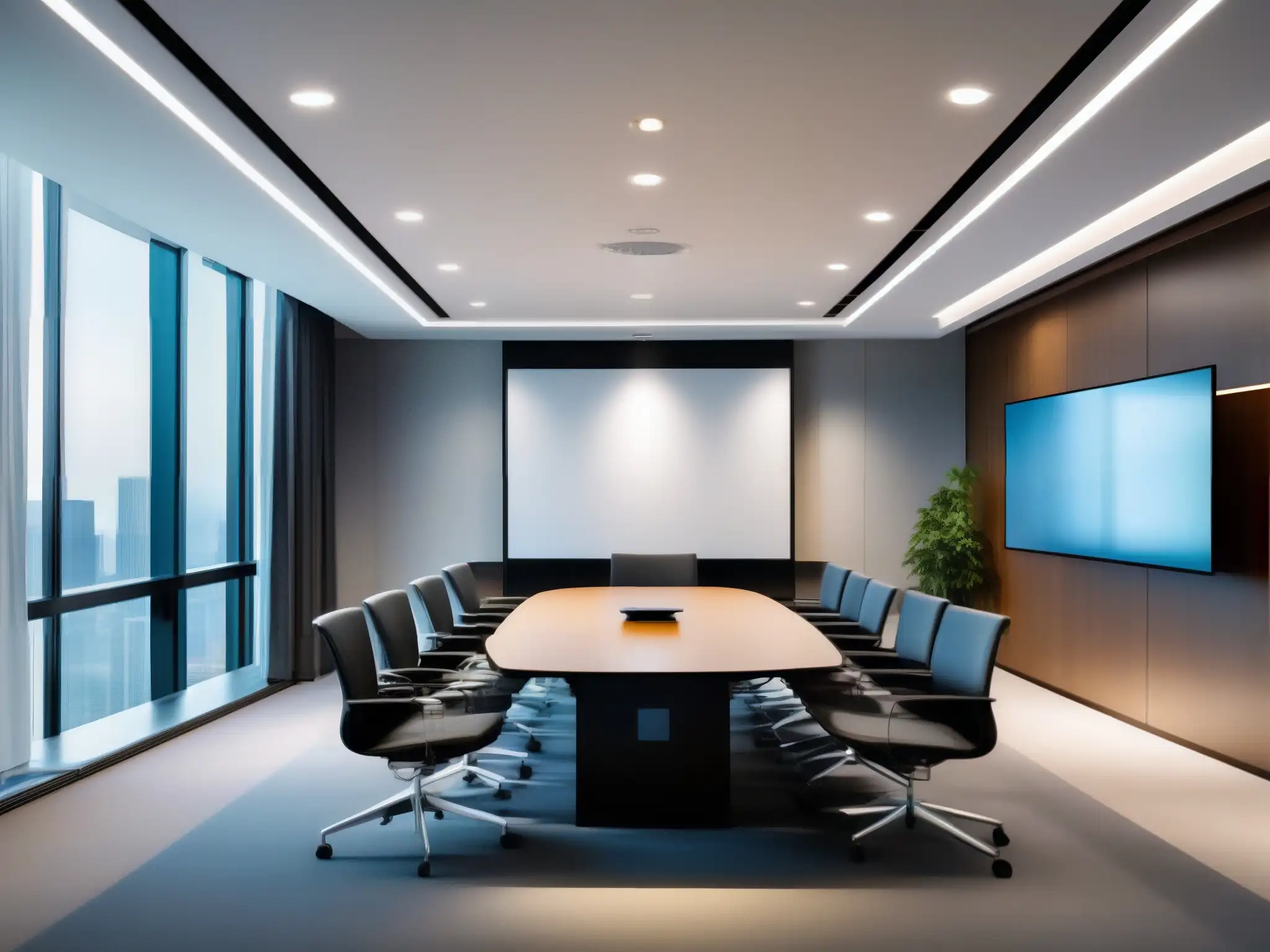 Videoconferencia profesional en sala moderna y luminosa Un entorno profesional y sofisticado para videoconferencias, con una agenda eficiente y moderna