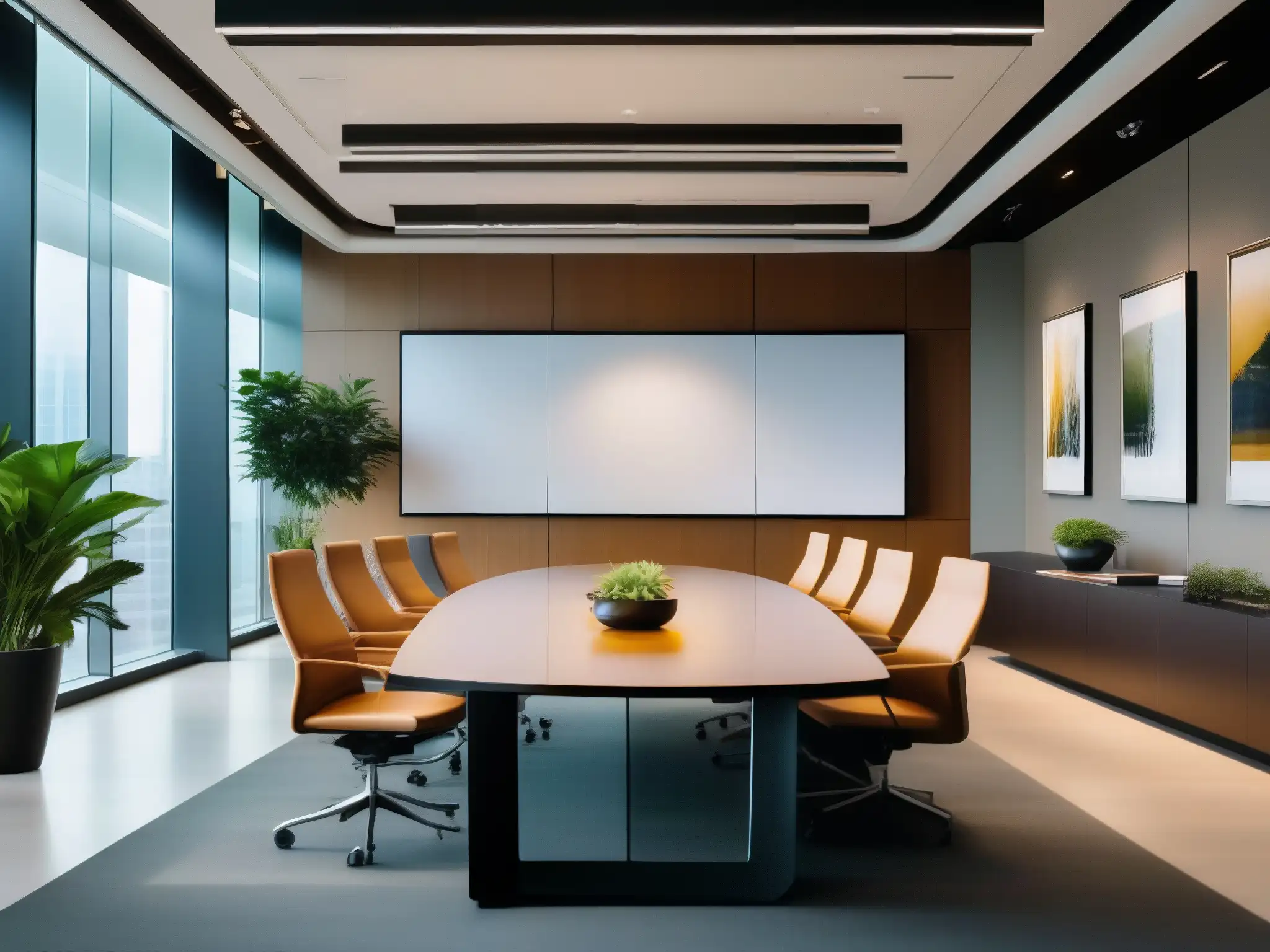 Sala de juntas moderna: productividad integrada con Zoom y Teams Un entorno de sala de juntas moderna con una mesa de conferencias elegante y sillas de cuero