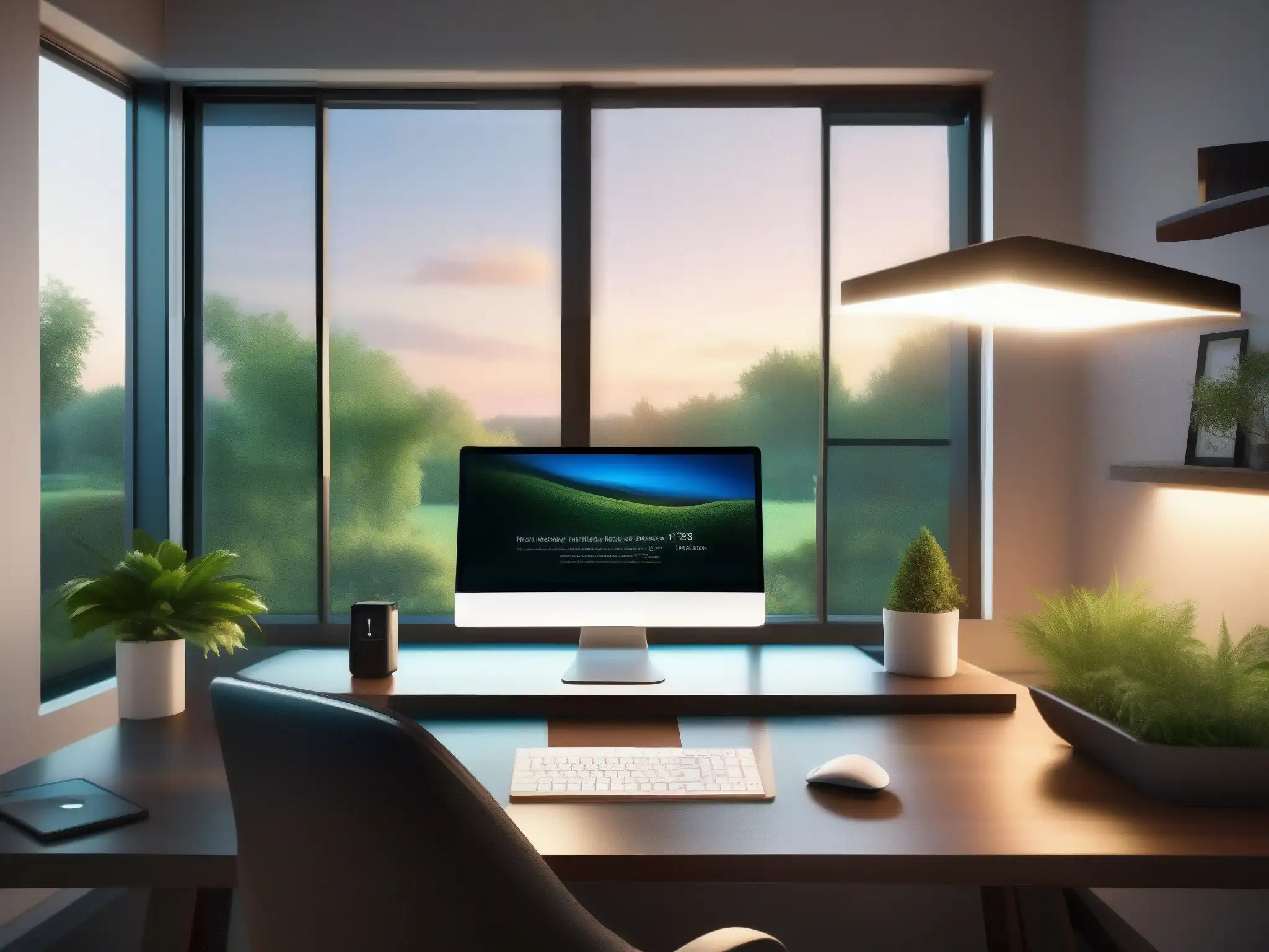 Oficina en casa moderna con vista a jardín exuberante Entorno de trabajo en casa para videoconferencias: Oficina moderna con vistas a un jardín exuberante, escritorio elegante y silla ergonómica
