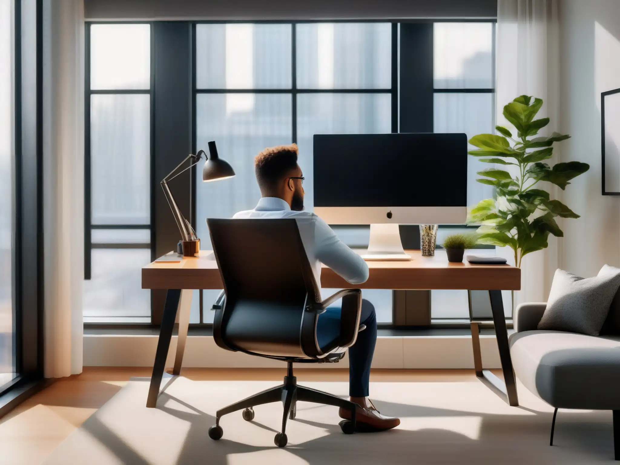 Oficina en casa moderna con decoración elegante y luz natural Un entorno de trabajo en casa para videoconferencias, con una oficina moderna y luminosa, decorada con plantas y arte