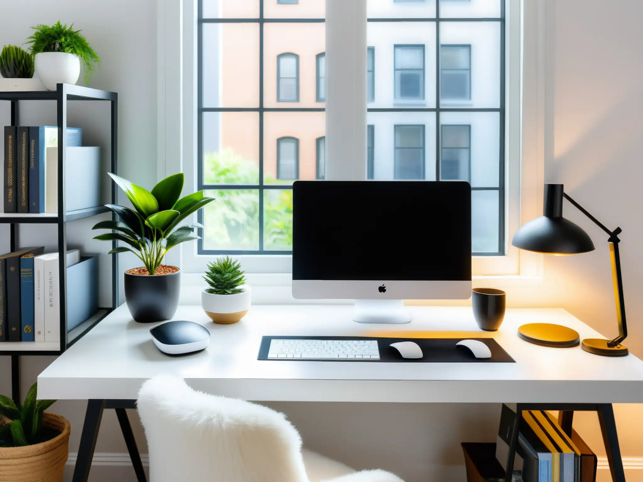 Oficina en casa acogedora con escritorio blanco y luz natural Entorno de trabajo en casa para videoconferencias con escritorio blanco, iluminación natural y decoración elegante
