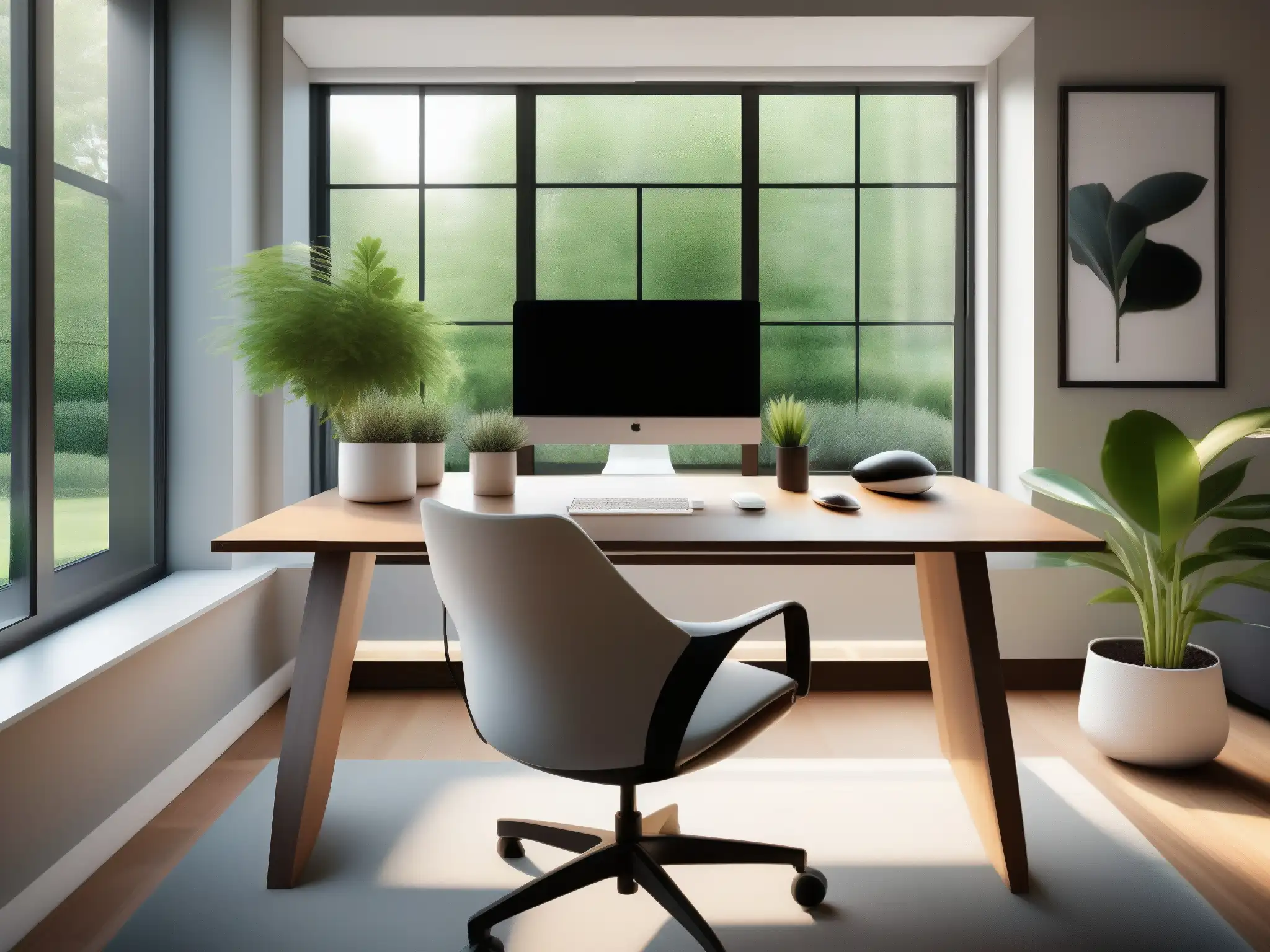 Oficina en casa moderna con vistas a un jardín exuberante Entorno de trabajo en casa para videoconferencias: Oficina moderna con escritorio elegante, silla ergonómica y vista a un jardín exuberante