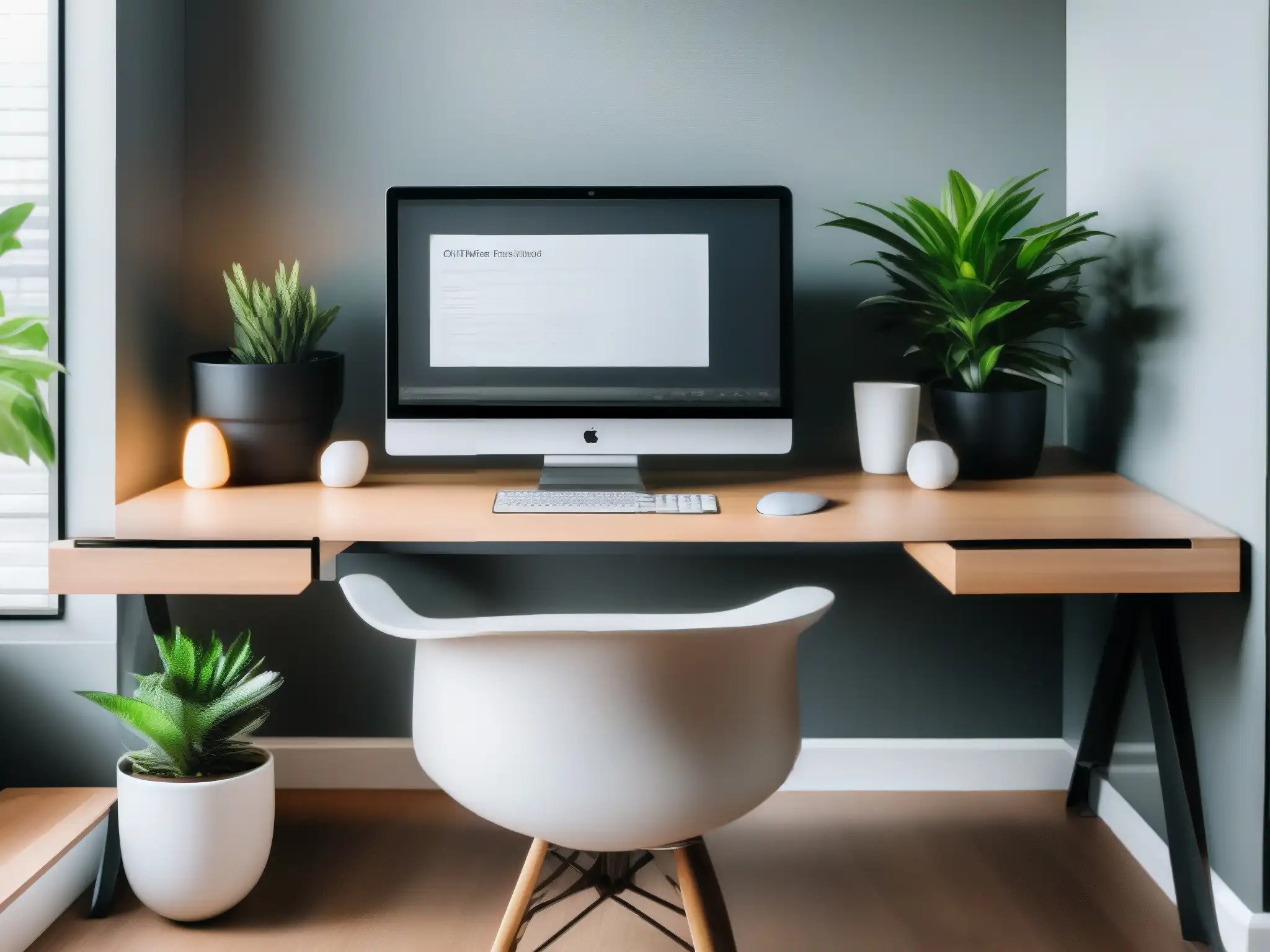 Oficina en casa minimalista y moderna para videoconferencias Entorno de trabajo en casa para videoconferencias con diseño moderno, limpio y profesional, bañado en luz natural y toques decorativos