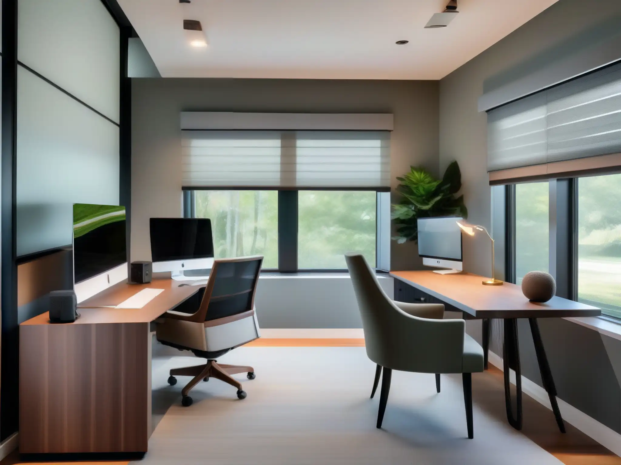 Oficina en casa moderna y profesional para videoconferencias Entorno de trabajo en casa para videoconferencias con paneles acústicos, micrófono de alta calidad y decoración neutral con toques de verde