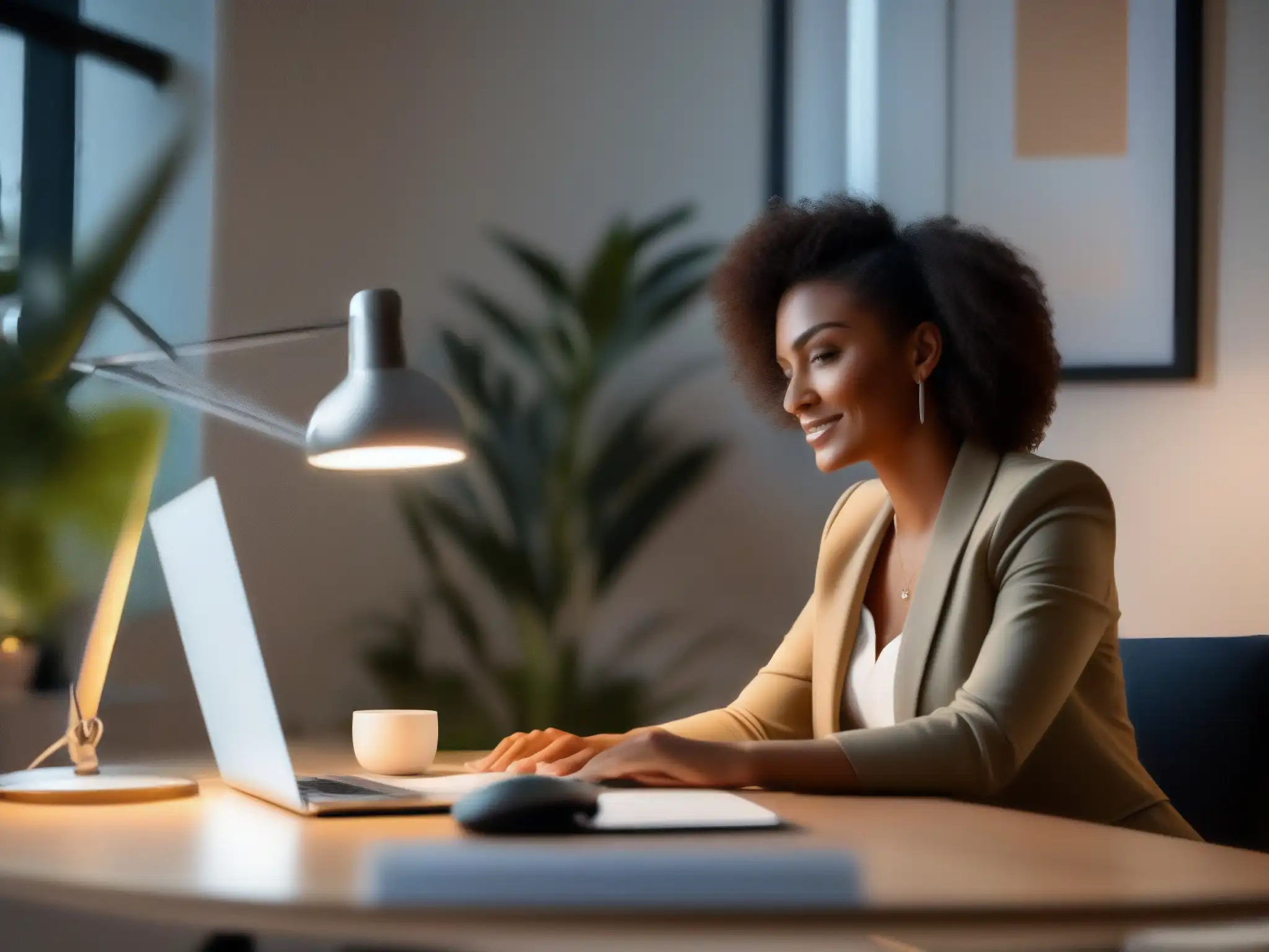Oficina en casa: Videoconferencia profesional Entorno de trabajo en casa para videoconferencias: Hombre profesional en video llamada en oficina bien decorada con lámpara ajustable y plantas