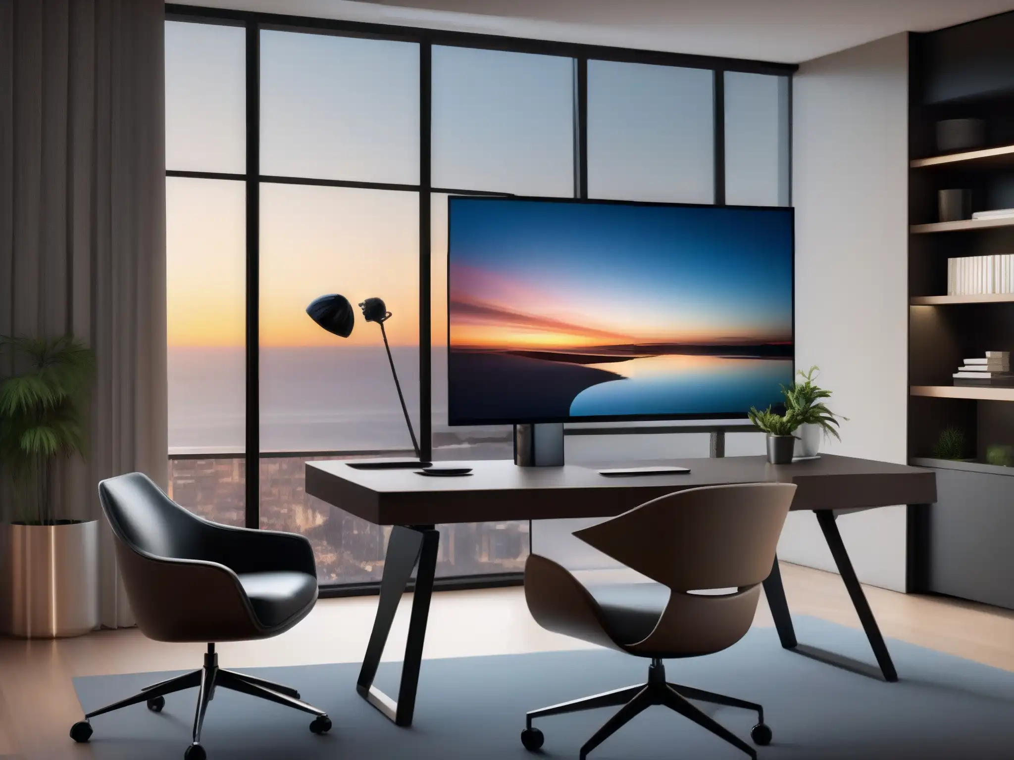 Oficina en casa de lujo: 8k imagen ultradetallada Un entorno de trabajo en casa para videoconferencias en una oficina moderna y elegante con muebles ergonómicos de alta gama, sistema de videoconferencia de última generación y paneles acústicos